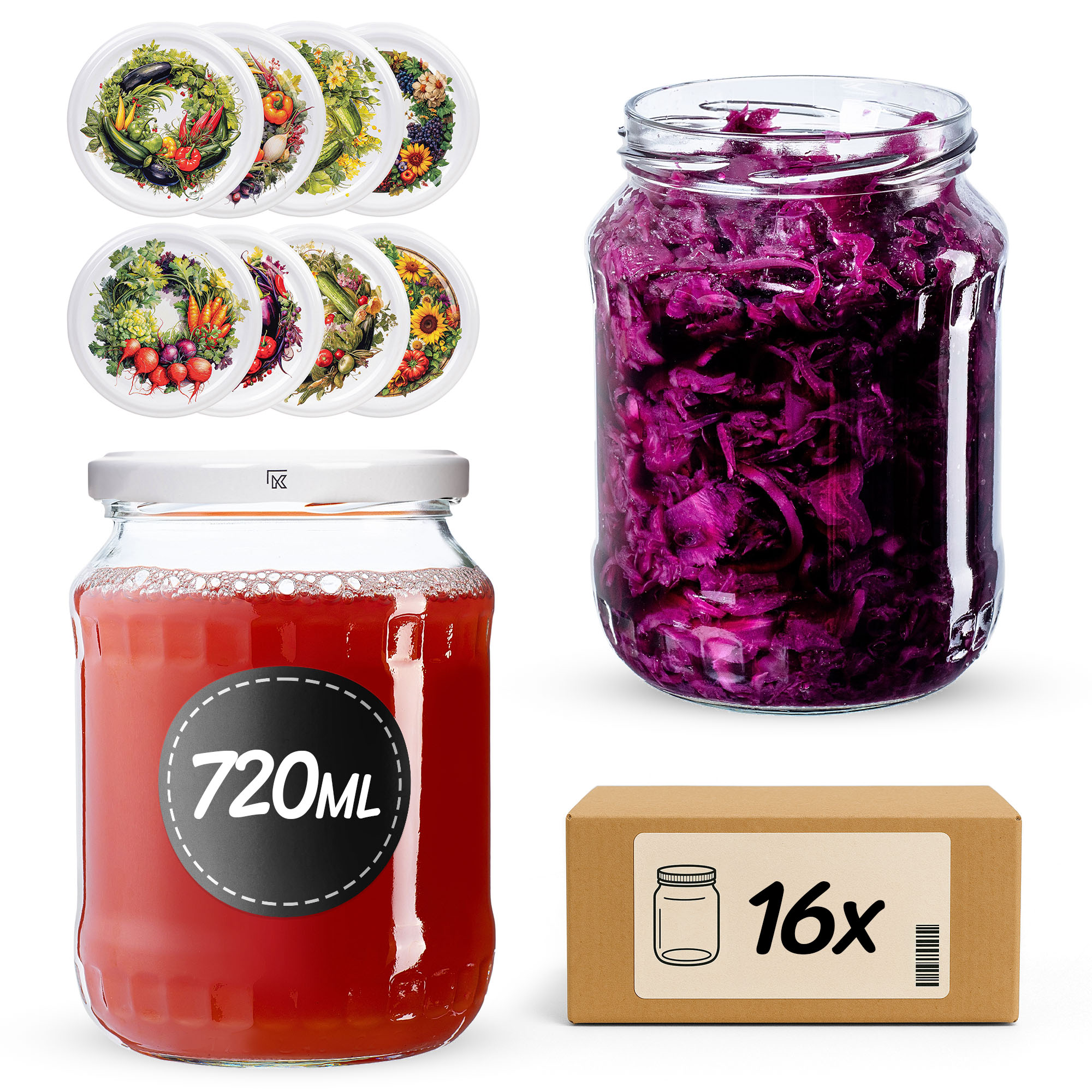 Słoiki na przetwory Jukka 720ml fi82mm 16szt + wieczko Garden wreath