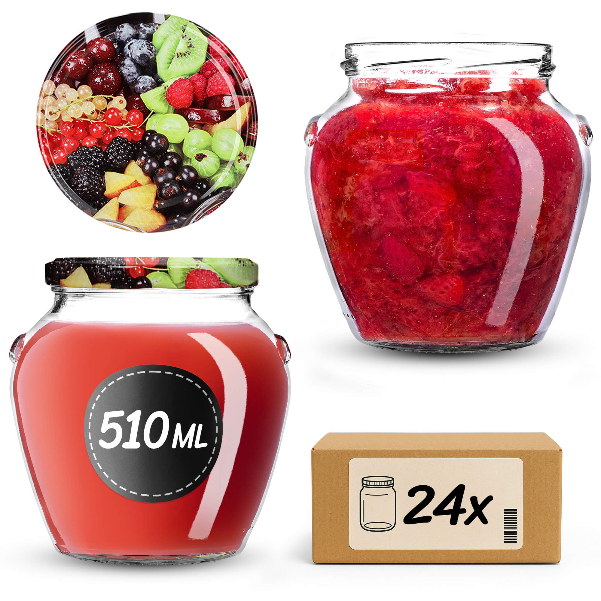 Słoiki na przetwory Sassa 580ml 24szt 82mm + wieczka "Owoce"