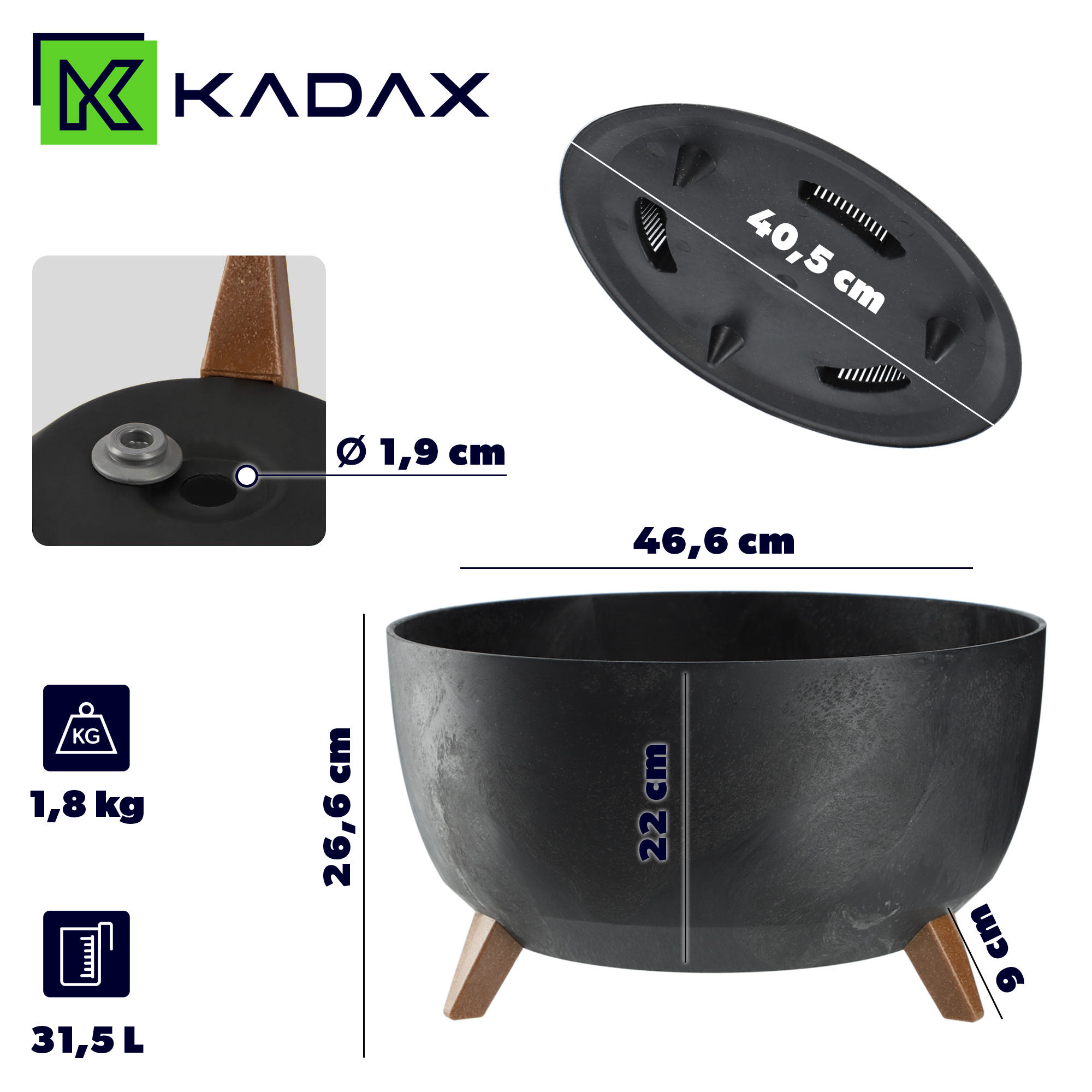 Misa na kwiaty z nóżkami Mably 47 cm czarny beton