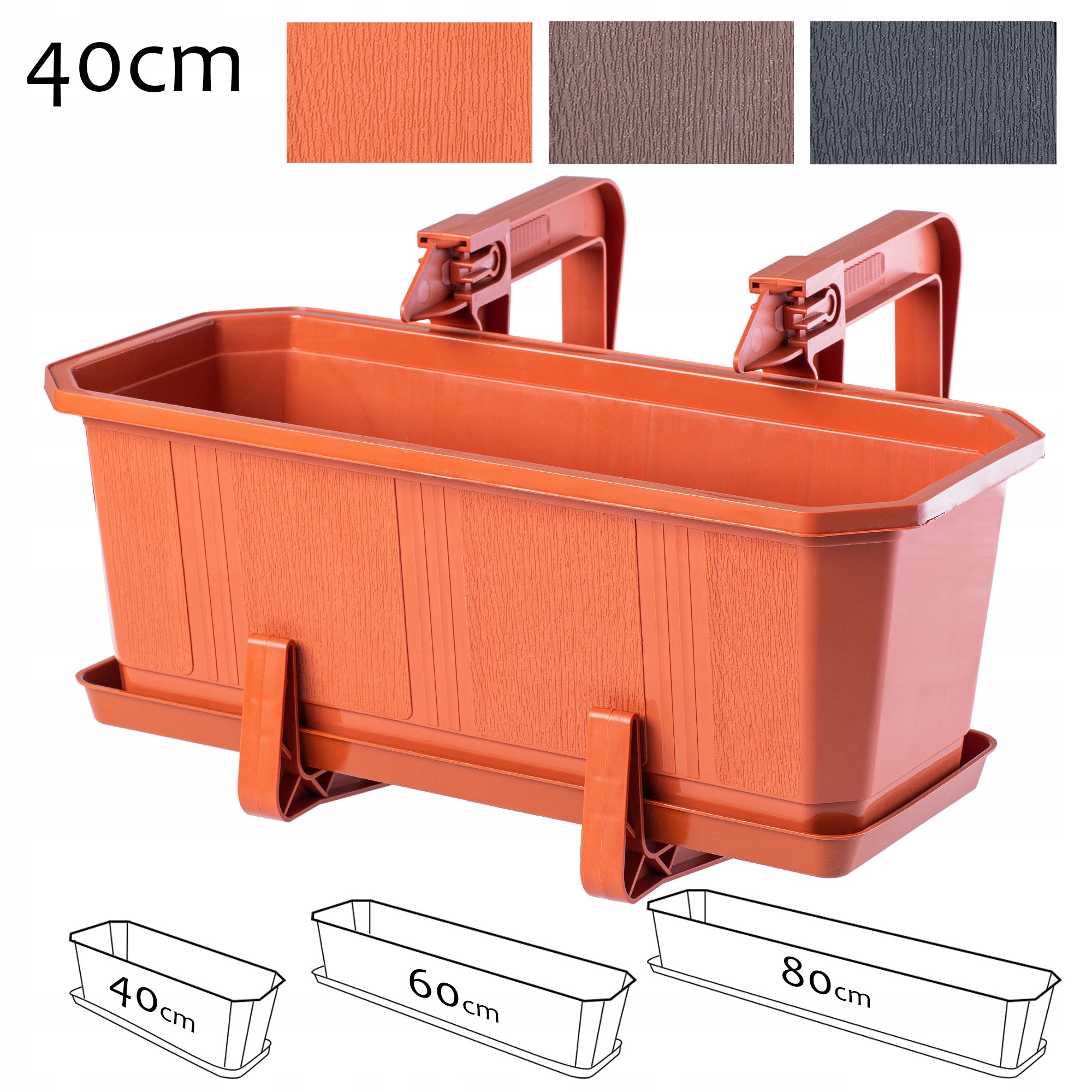 Skrzynka balkonowa z uchwytami i podstawką Trani 40 cm, terrakota