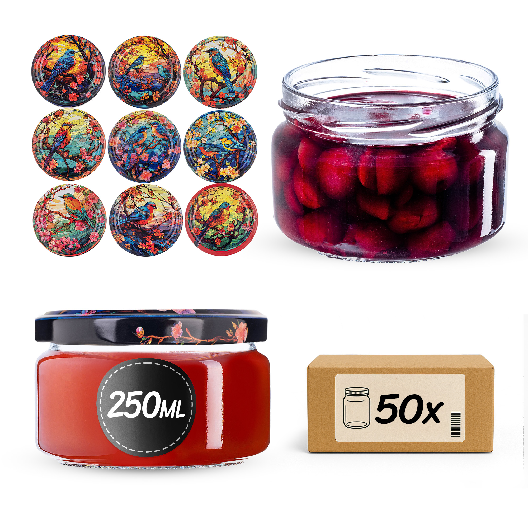 Słoiki na przetwory Denia 250ml 50szt 82mm + wieczko "Witraż z ptakami"