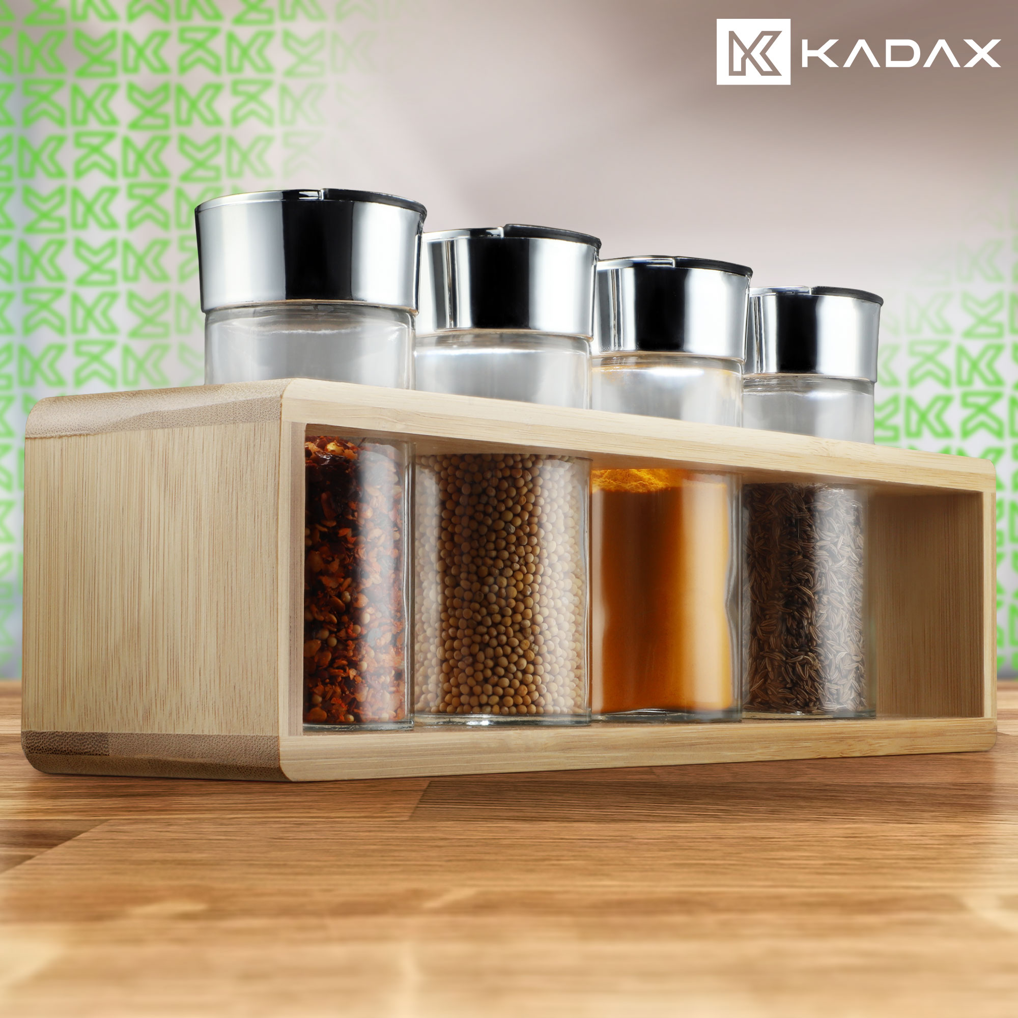 Komplet przyprawników z bambusową podstawką 4 szt.