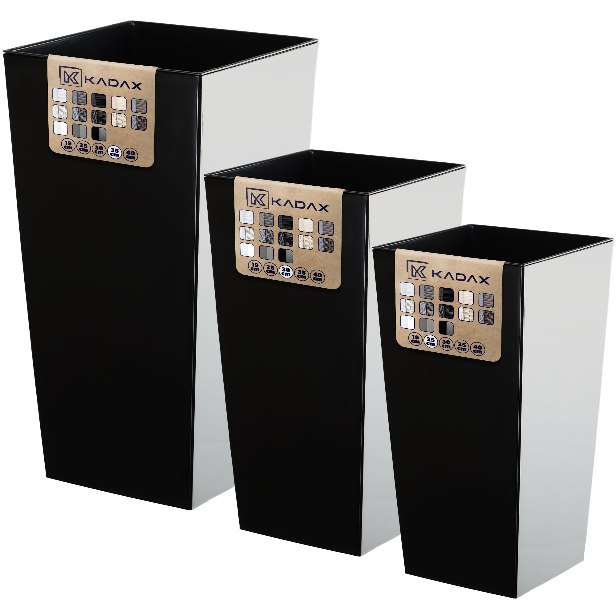 Donice na kwiaty z wkładem Masiera 25 cm + 30 cm + 35 cm, czarne