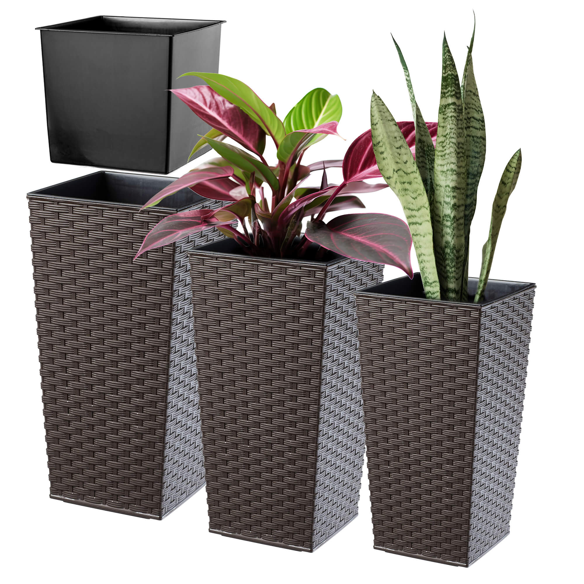 Donice na kwiaty z wkładem Pesaro rattan 30 cm + 35 cm + 40 cm, mokka