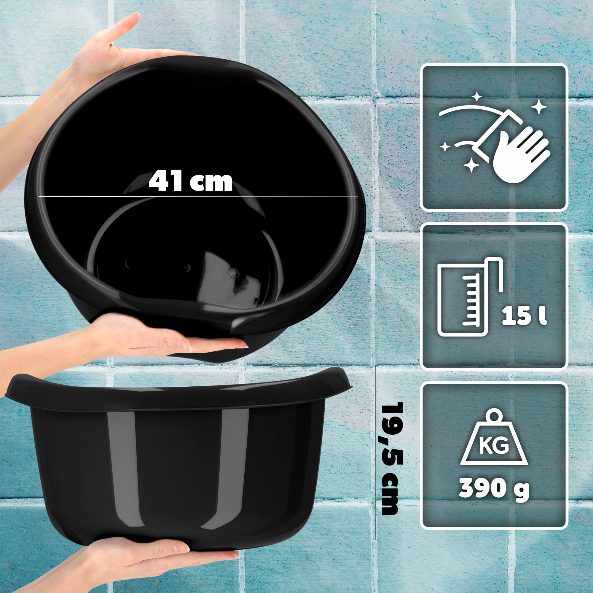 Miednica plastikowa z uchwytami 15L, czarna