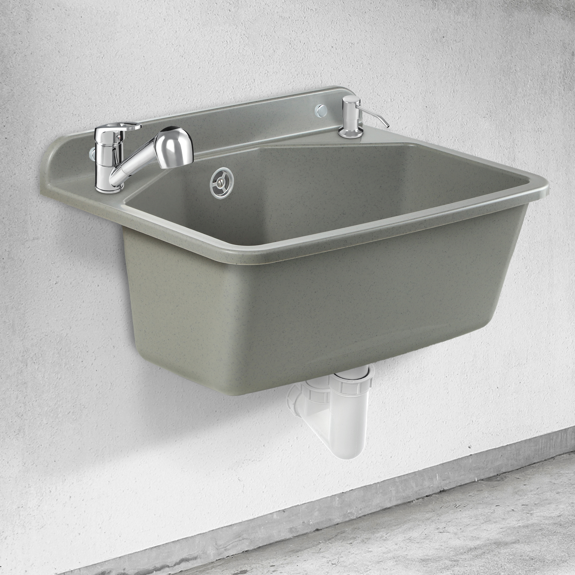 Zlew gospodarczy z wyciąganą baterią i dozownikiem Gospo F, szary