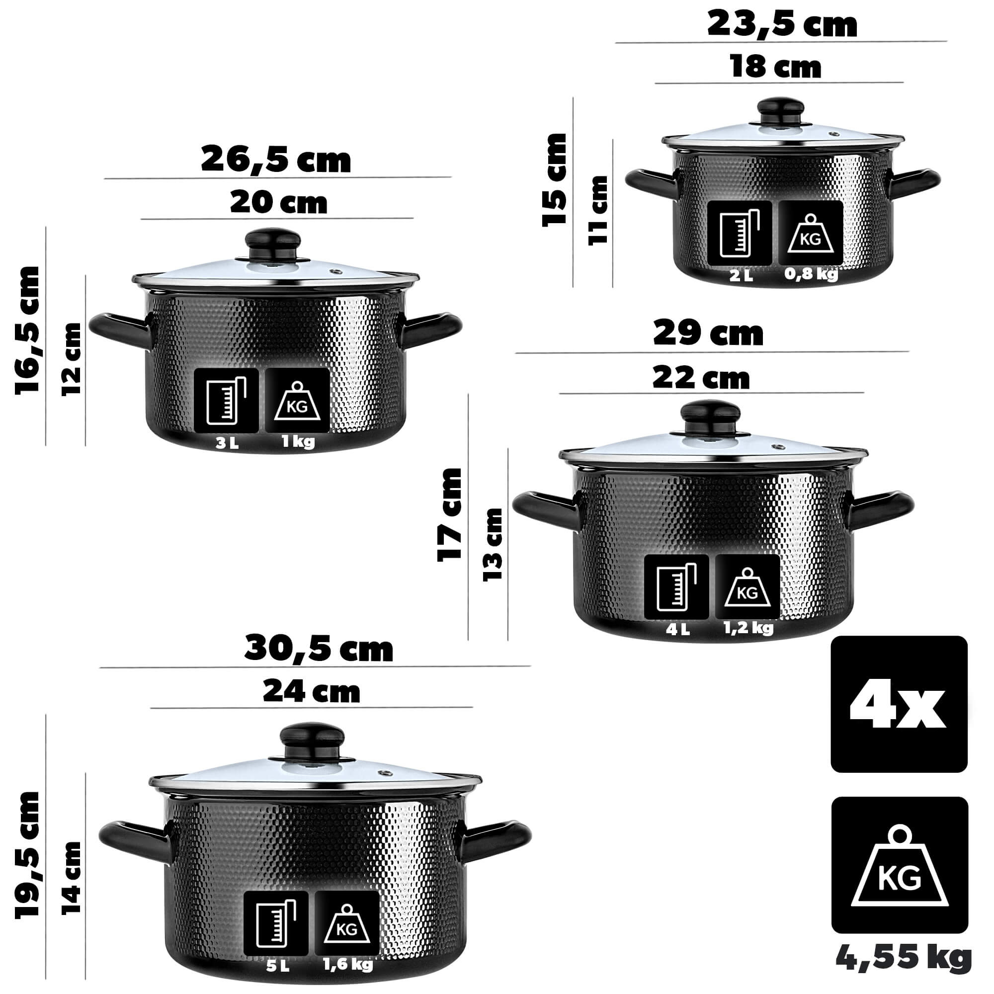 Zestaw garnków emaliowanych Pruno 2L, 3L, 4L, 5L czarne