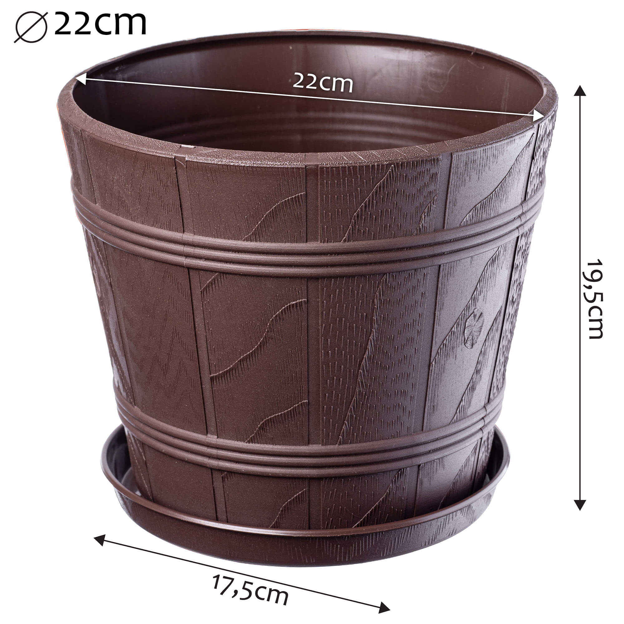 Doniczka drewnopodobna z podstawką Pula 22 cm, brązowa