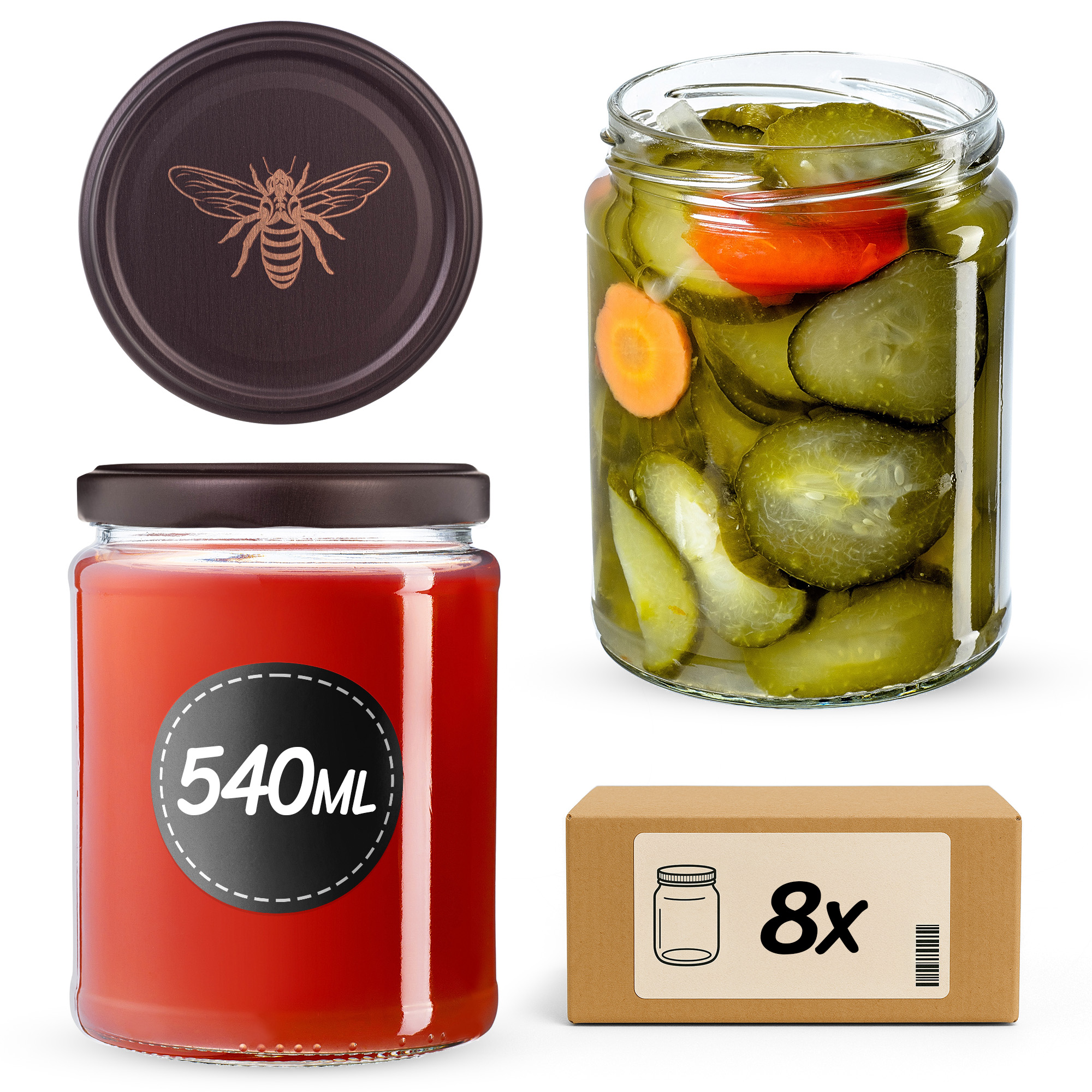 Słoiki na przetwory Maki 540ml fi82mm 8szt + wieczko Pszczoła