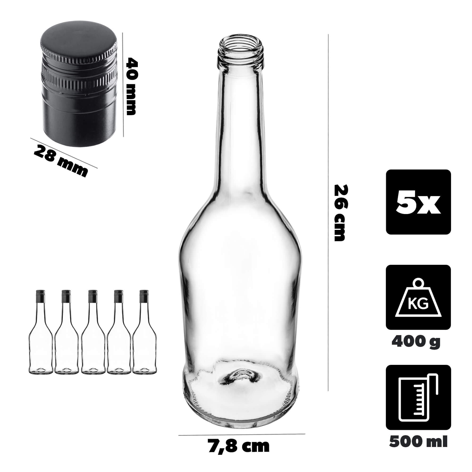 Szklana butelka na nalewkę Loiret 500ml z długą czarną zakrętką 5 szt.