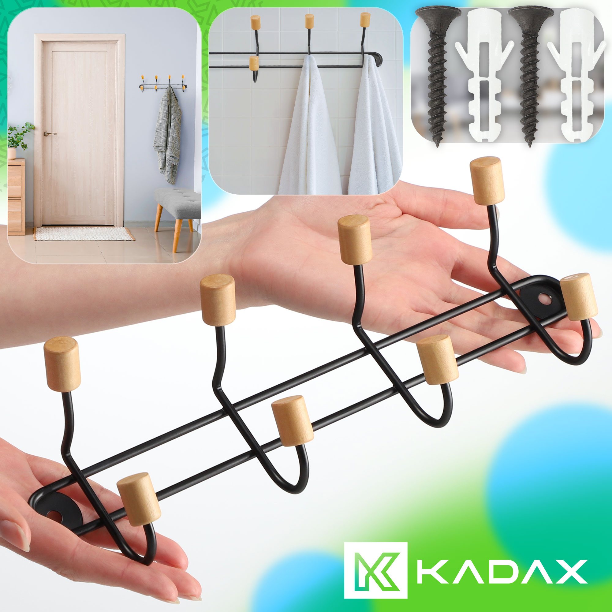 Wieszak ścienny Imola z bambusem, 4 haki, czarny