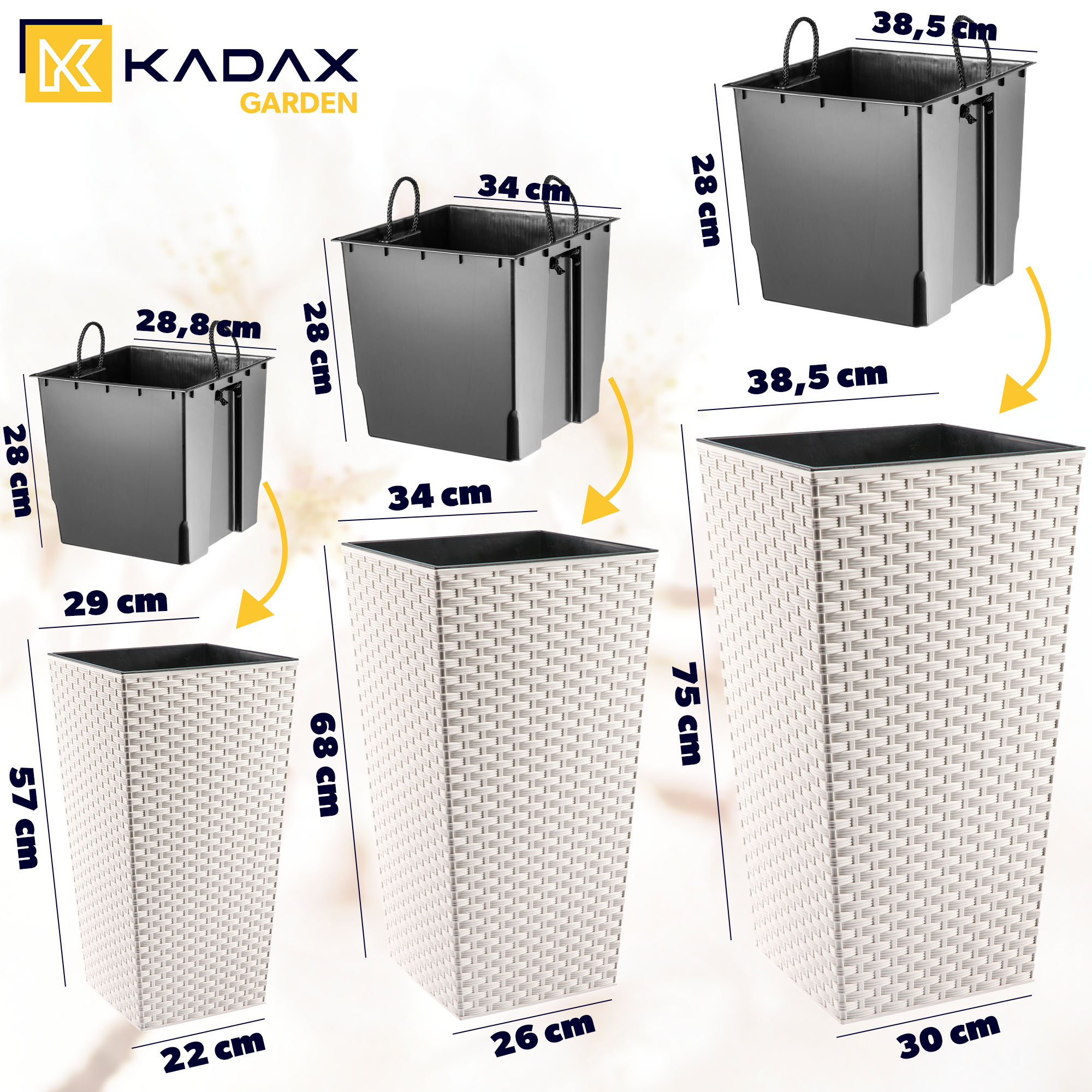 Donice na kwiaty z wkładem Pesaro rattan 30 cm + 35 cm + 40 cm, kremowe