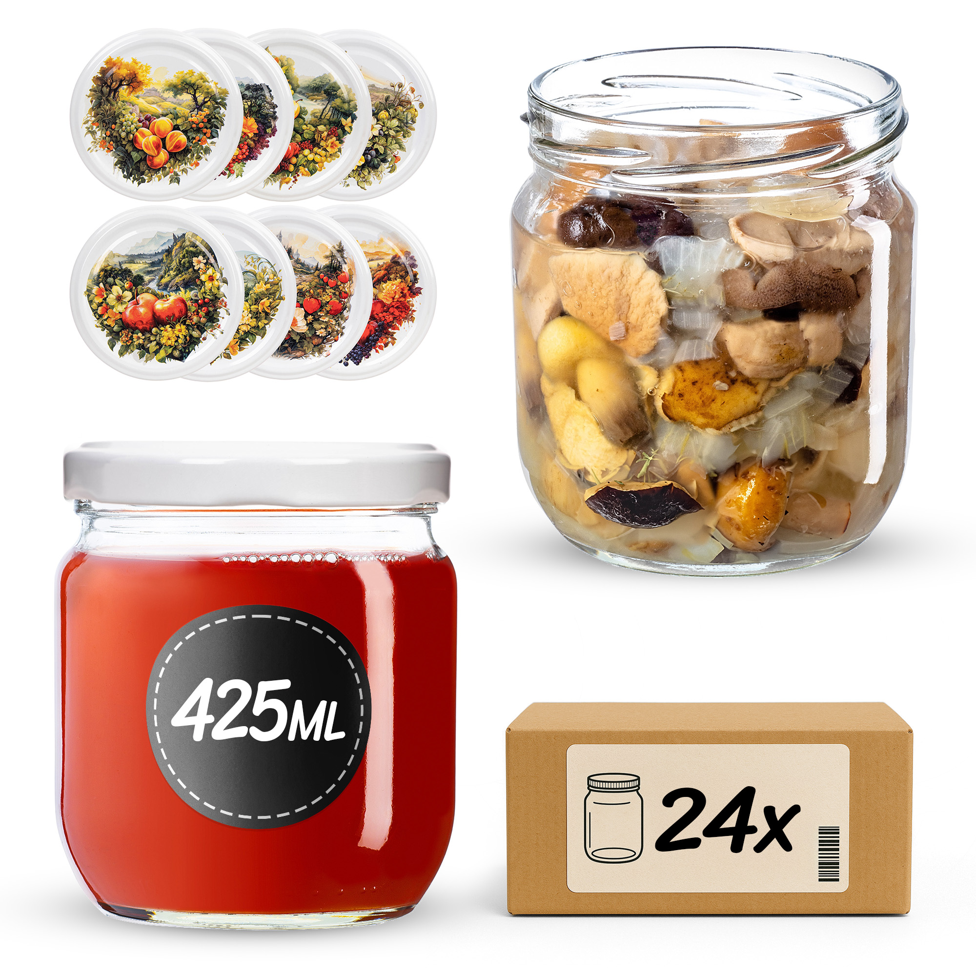 Słoiki na przetwory Salla 425ml fi82mm 24szt + wieczko Fruit heart