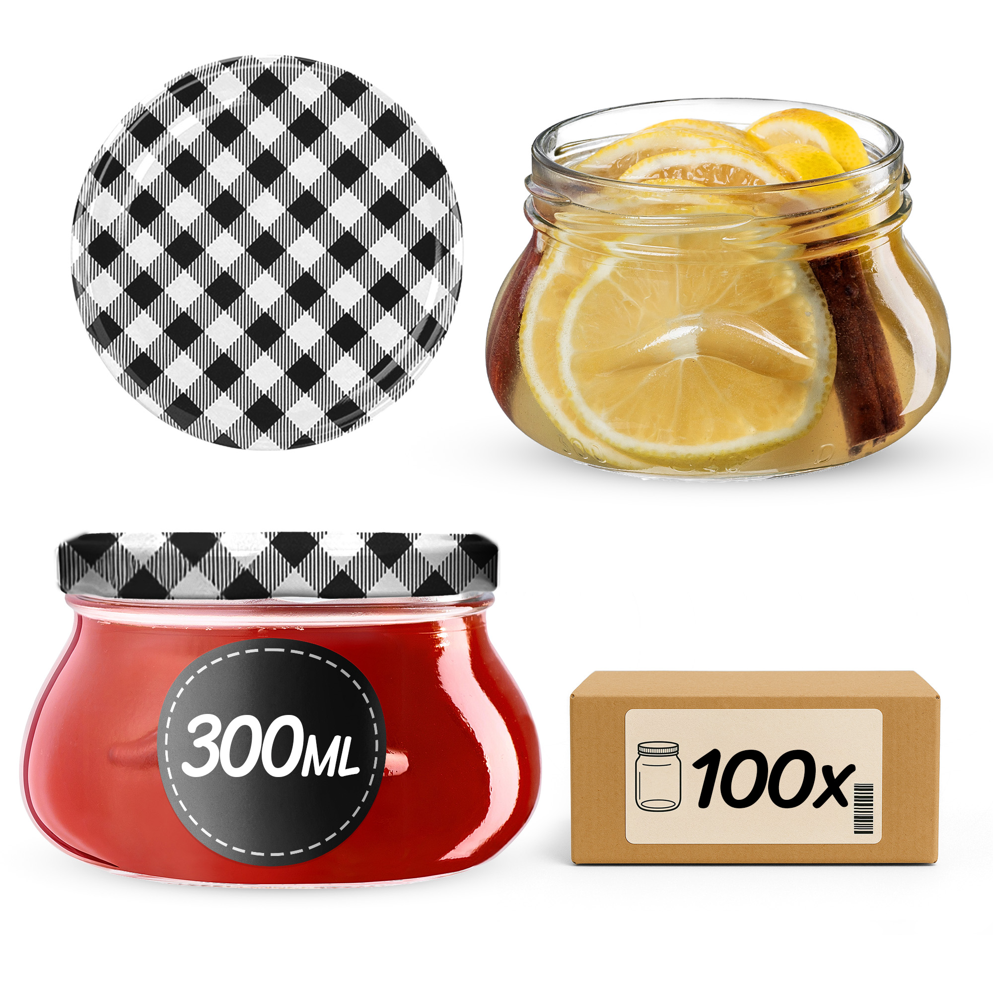 Słoiki na przetwory Raja 300ml 100szt 82mm + wieczka "Czarna Krata"