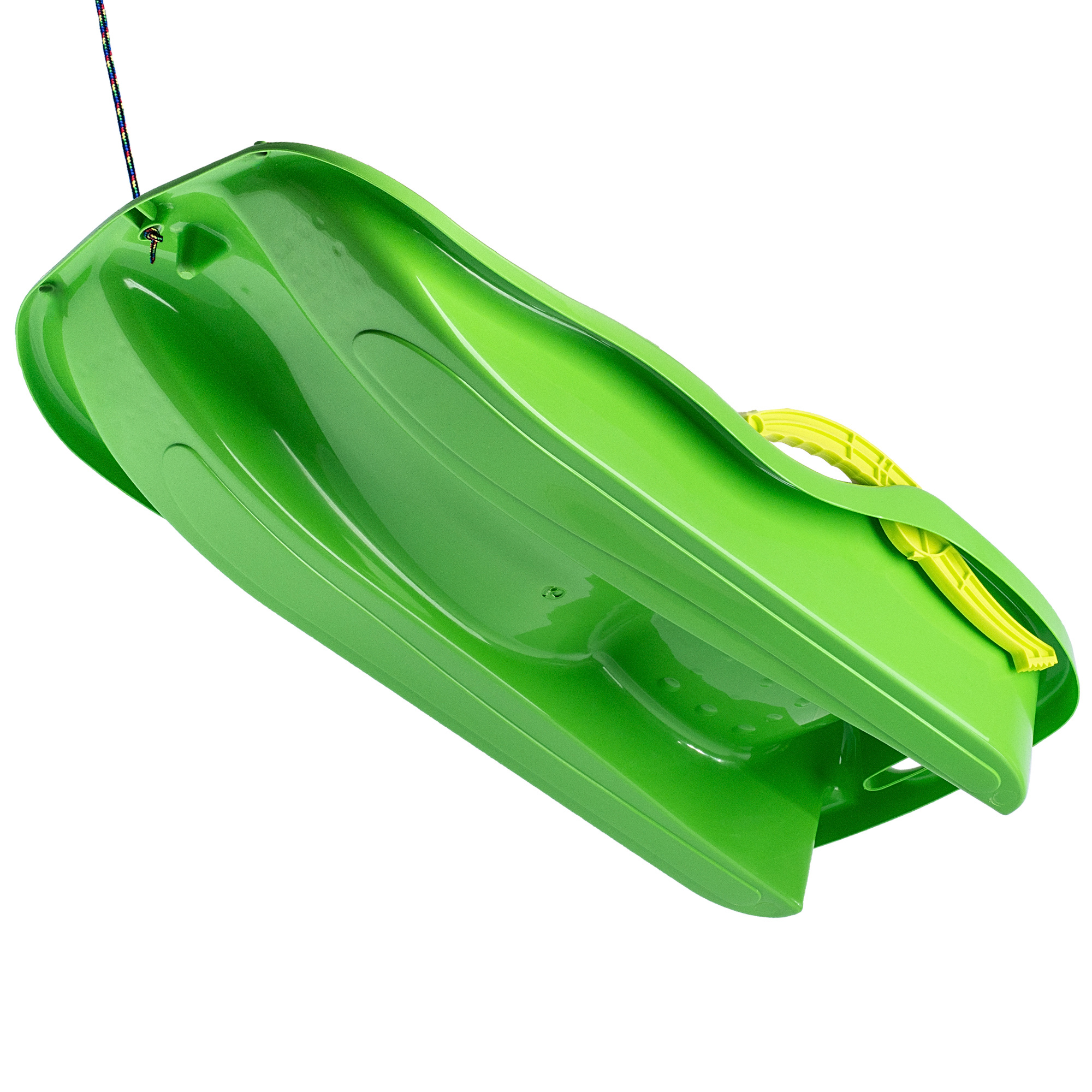 Sanki plastikowe z rączkami, hamulcem i linką, zielone