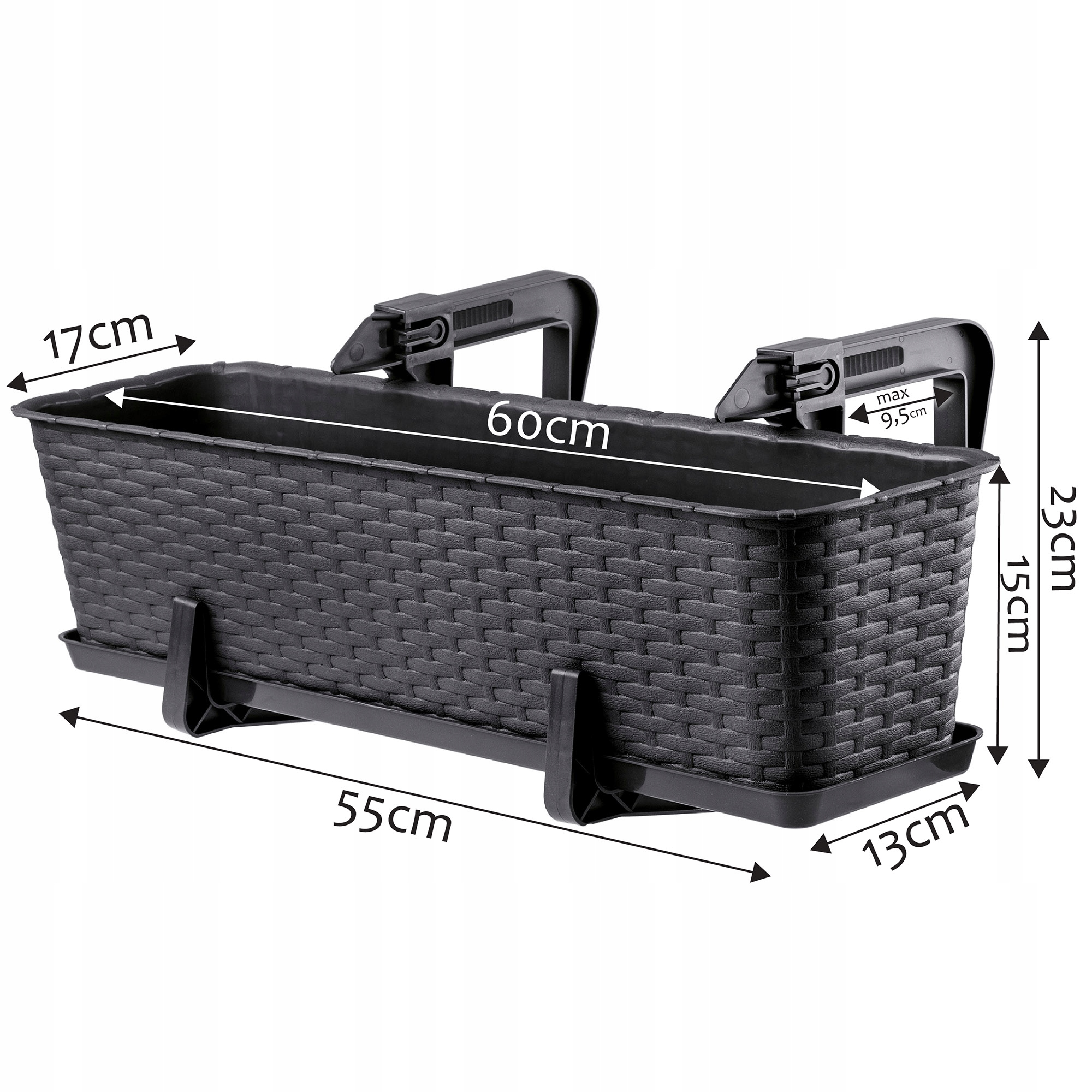 Doniczka balkonowa rattanowa z podstawką Frette 40 + 60 cm + uchwyty, antracyt