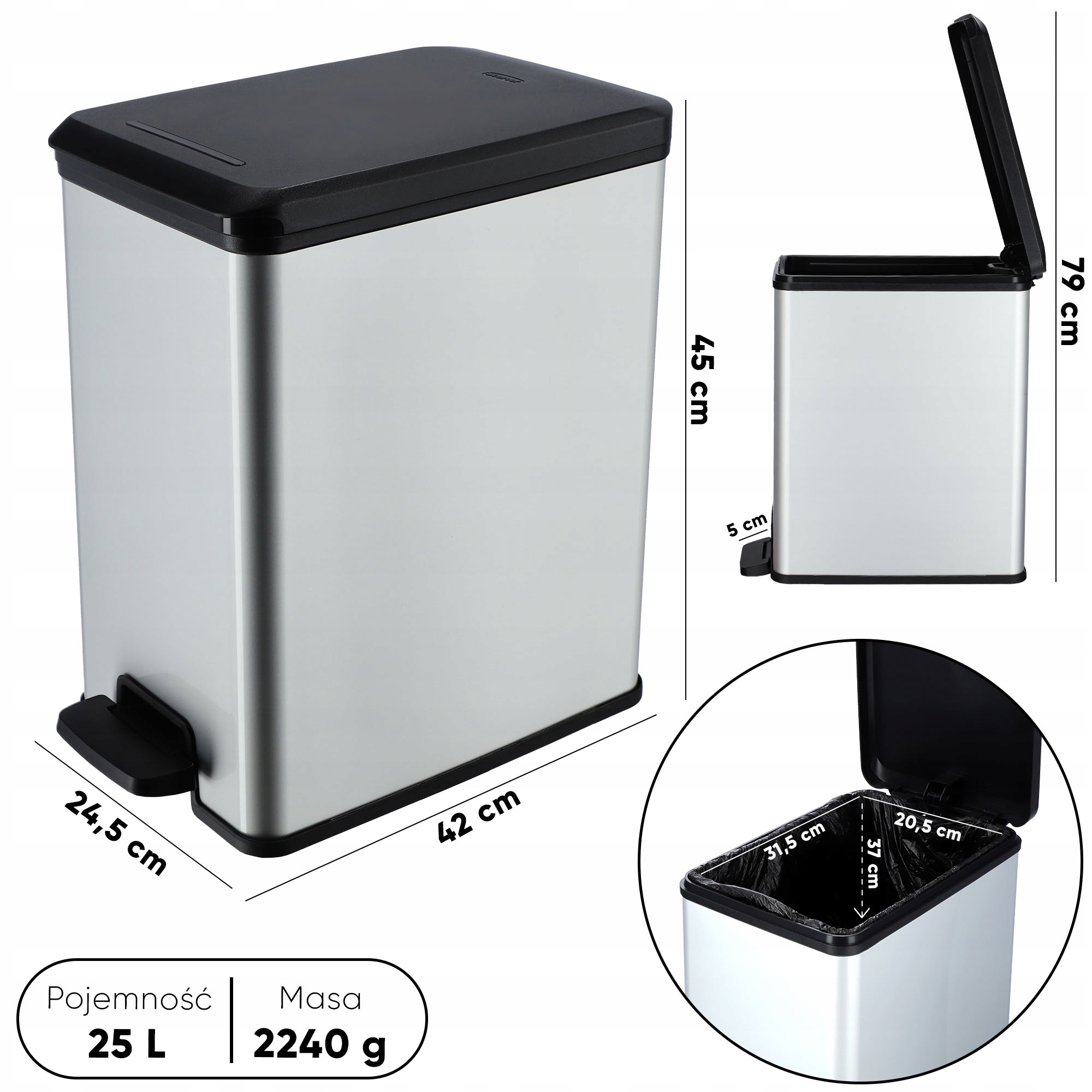 Kosz na śmieci Curver Slim Bin 25L, srebrny