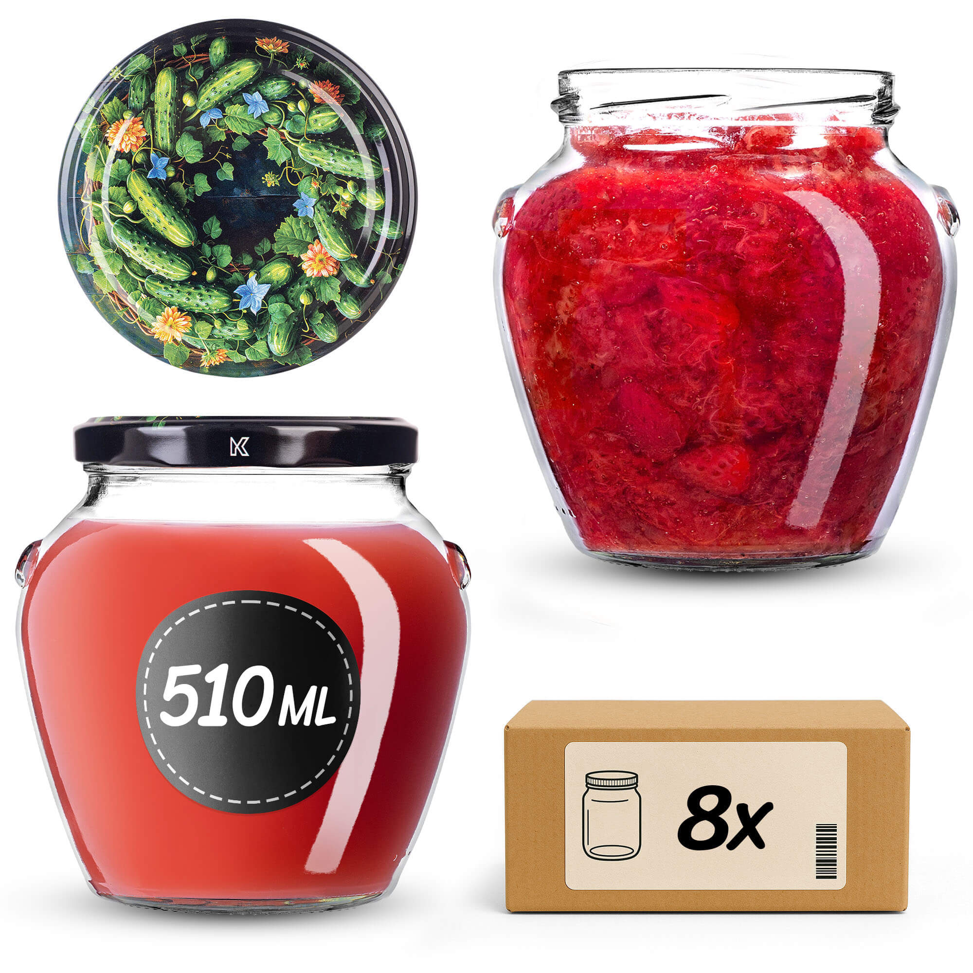 Słoiki na przetwory Sassa 580ml 8szt 82mm + wieczka "Ogórki w okręgu"