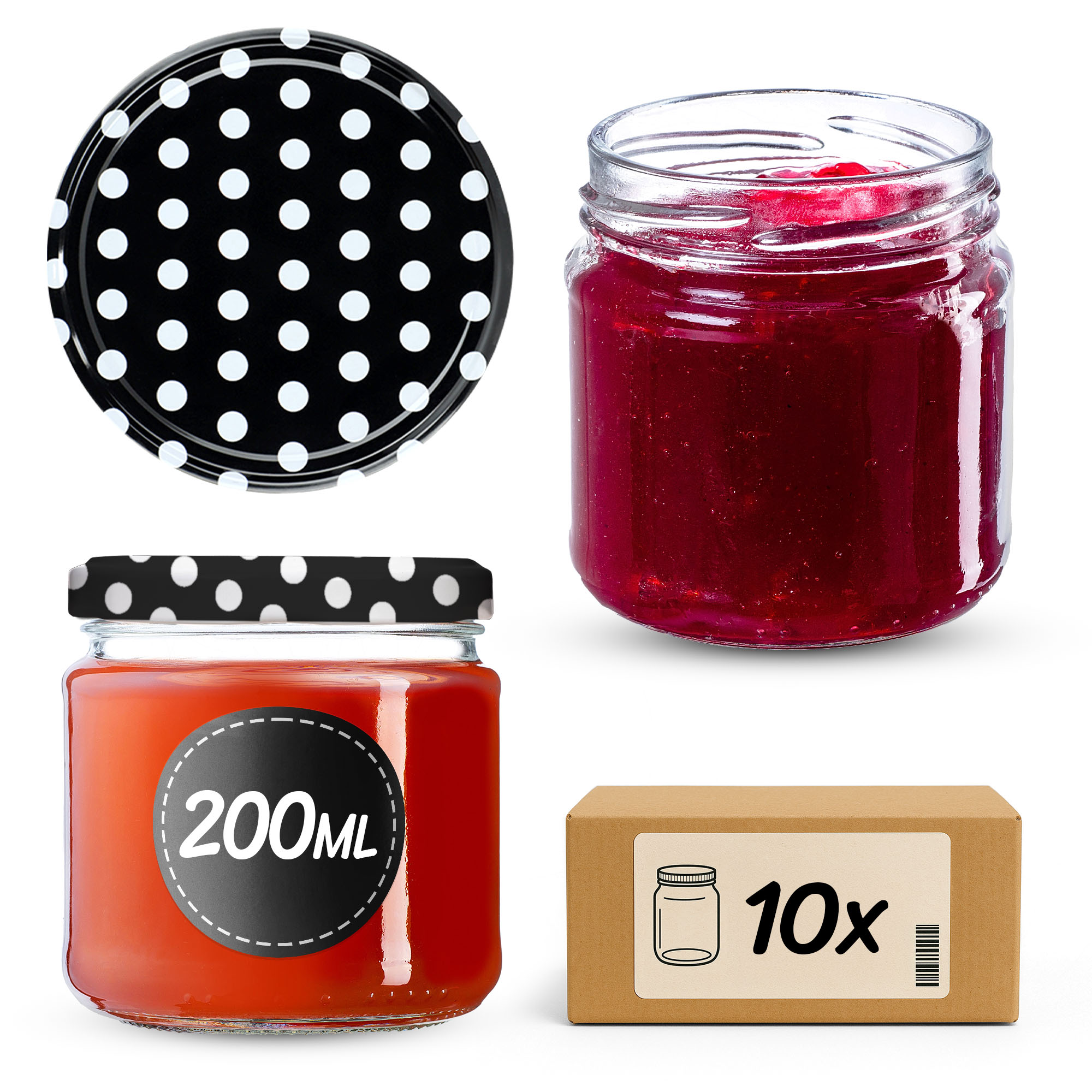 Słoiki na przetwory Lerma 200ml 10szt 66mm + wieczka "Groszek czarny"