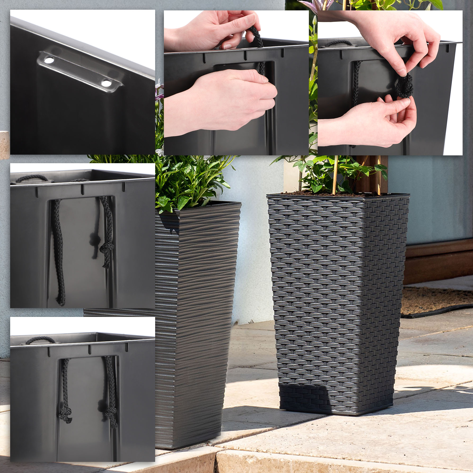 Zestaw 3 donic na kwiaty z wkładem Pesaro rattan 30, 35, 40 cm grafit