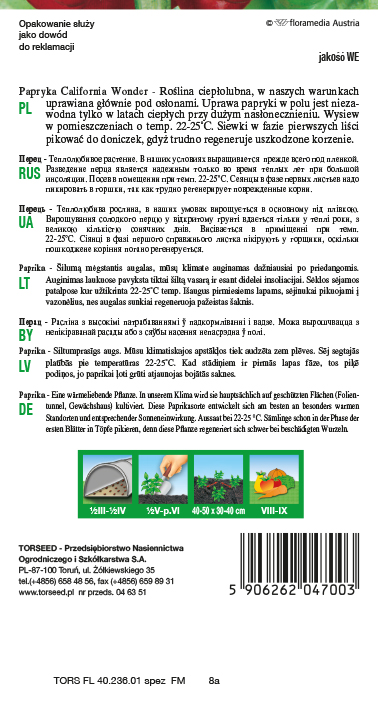 Papryka słodka (do uprawy w tunelach foliowych) California Wonder 0,5g