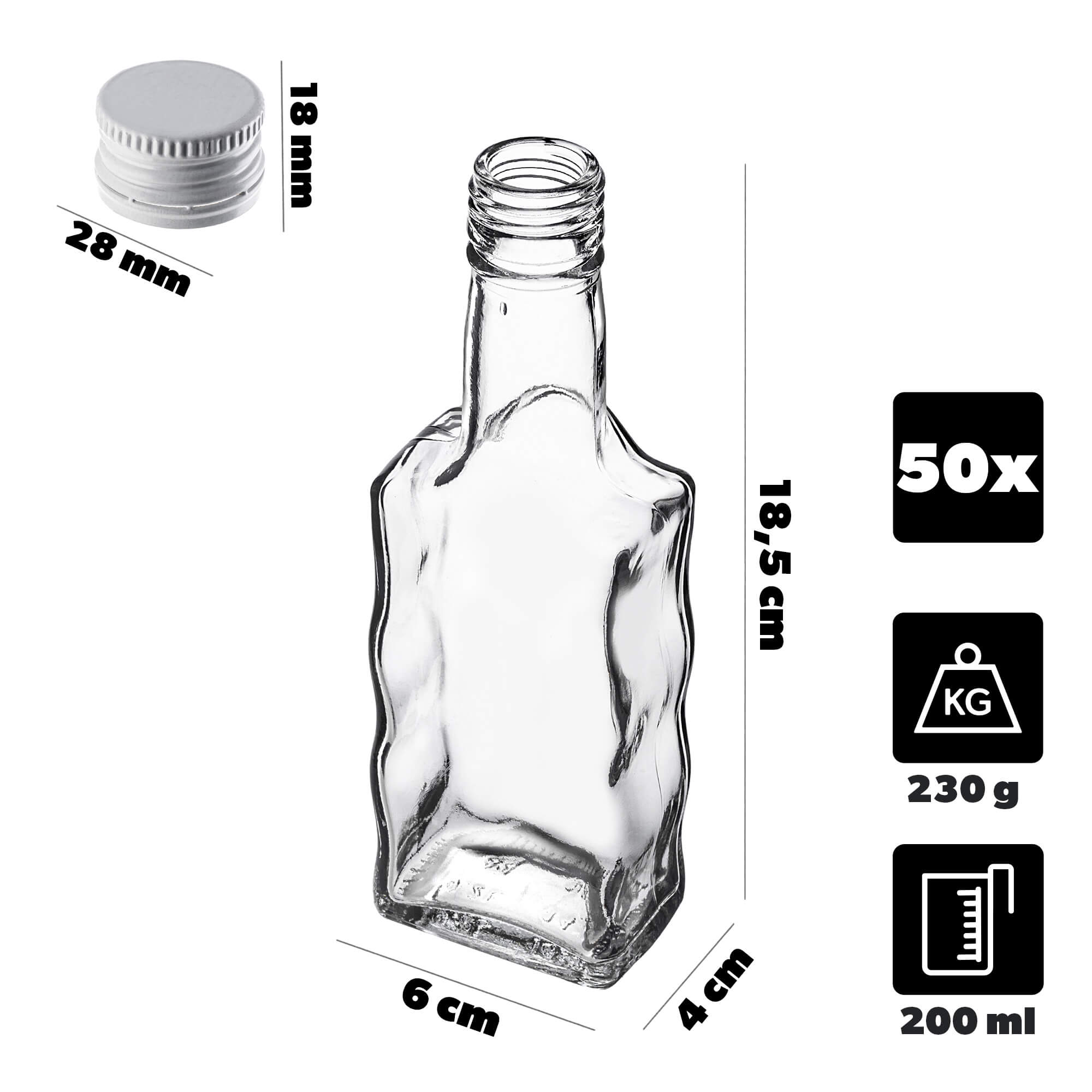 Szklana butelka na nalewkę Fala 200ml z białą zakrętką 50 szt.