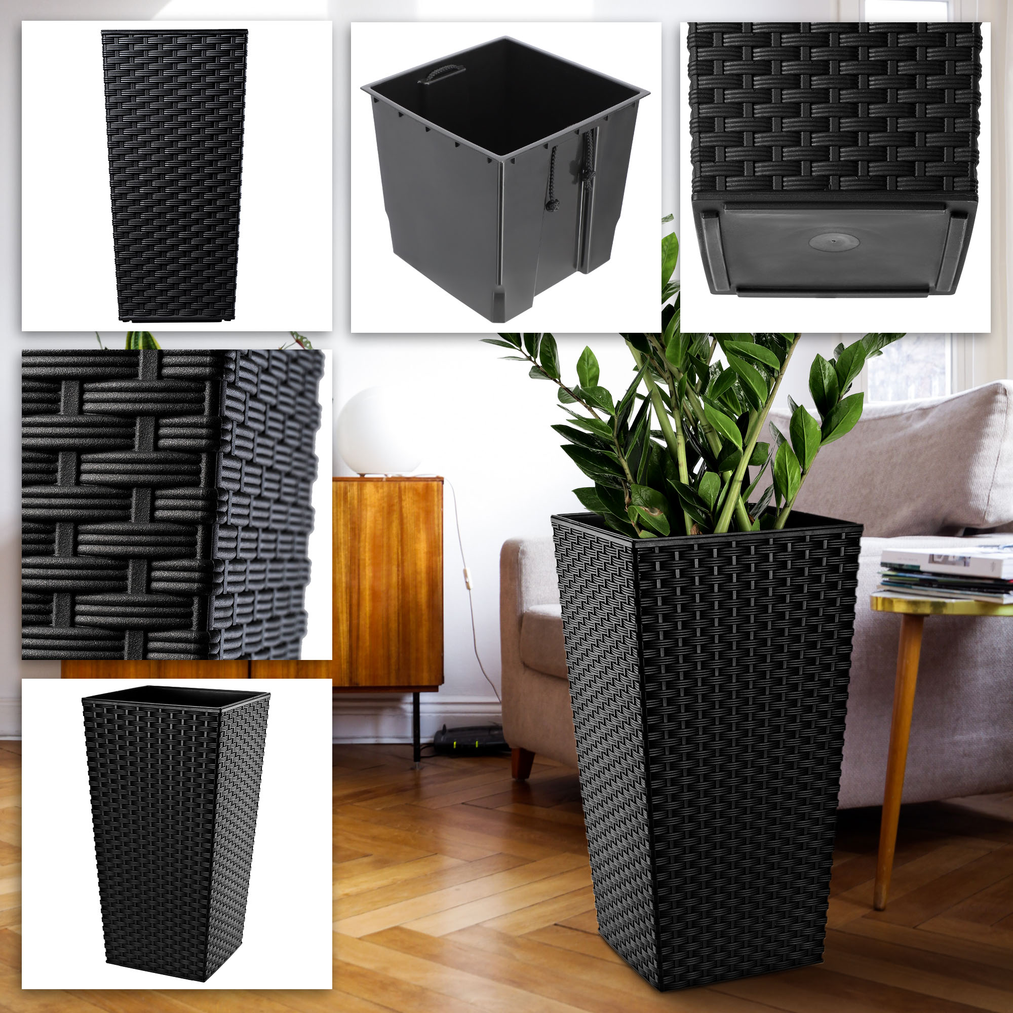 Donice na kwiaty z wkładem Pesaro rattan 30 cm + 35 cm + 40 cm, czarne