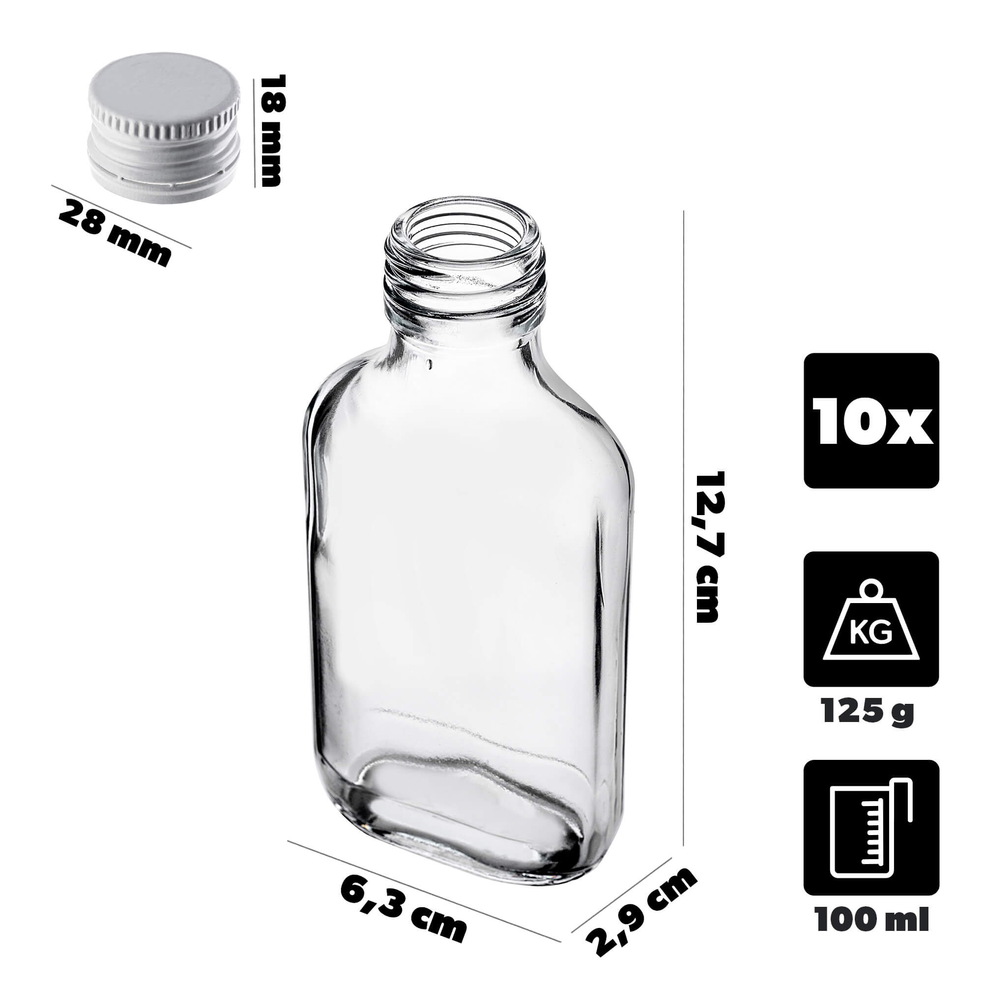 Butelka piersiówka Viane 100ml z białą zakrętką 10 szt.