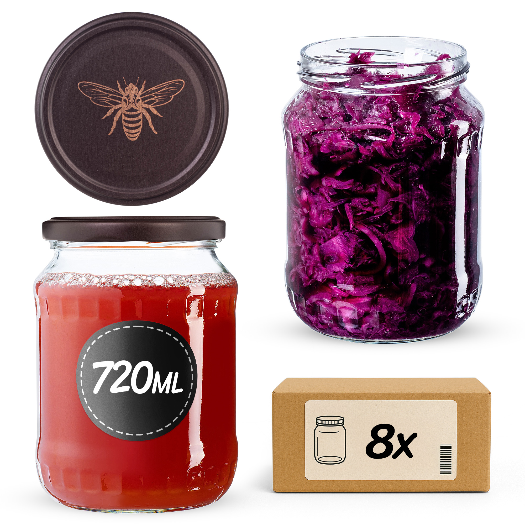Słoiki na przetwory Jukka 720ml fi82mm 8szt + wieczko Pszczoła