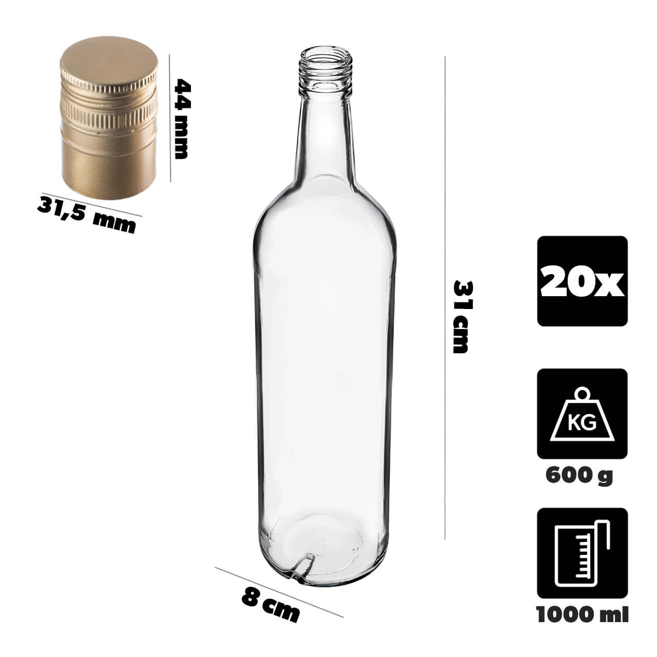 Szklana butelka Monopol 1000ml z długą złotą zakrętką 20 szt.