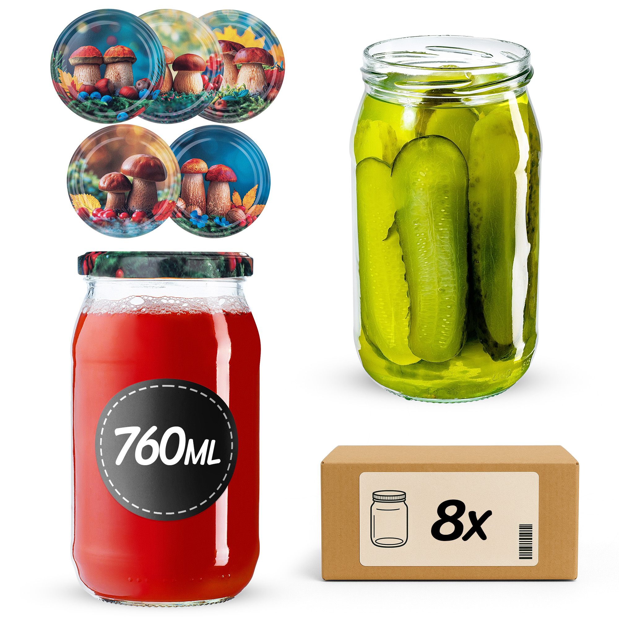 Słoiki na przetwory Niva 760ml fi82mm 8szt + wieczko Grzyb polski