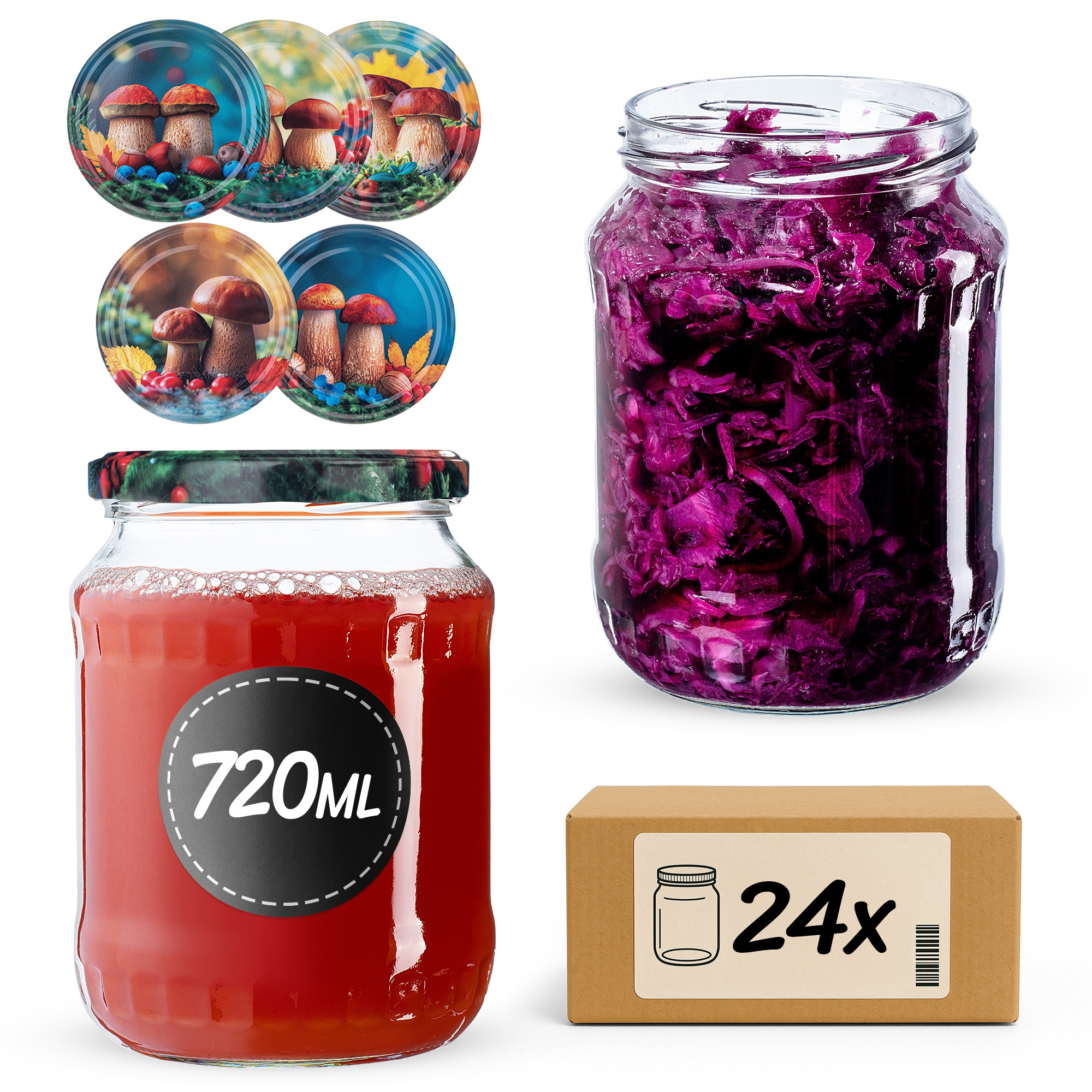 Słoiki na przetwory Jukka 720ml fi82mm 24szt + wieczko Grzyb polski