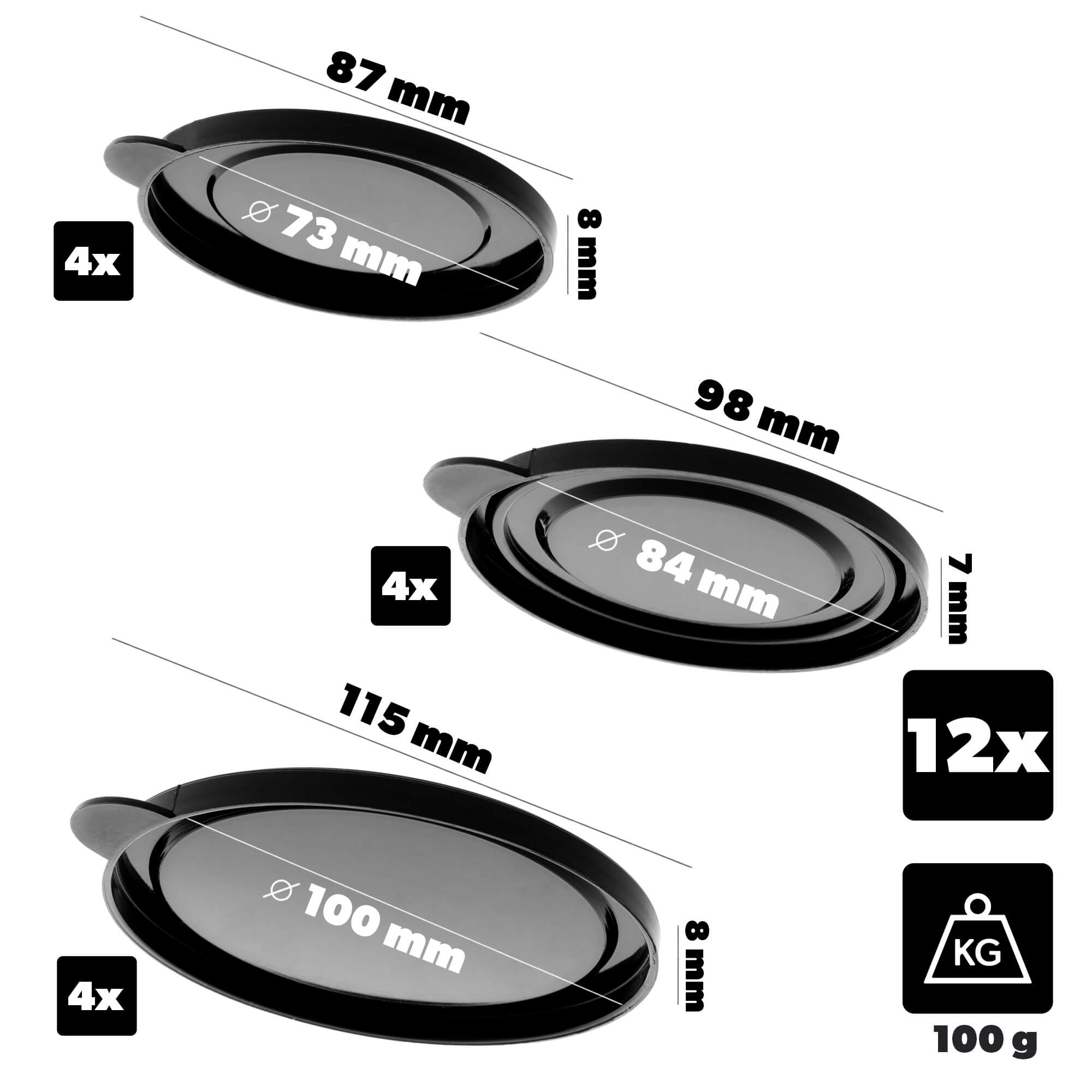 Zestaw pokrywek na puszki Oizon 100mm 84mm 73mm czarny 12 szt.