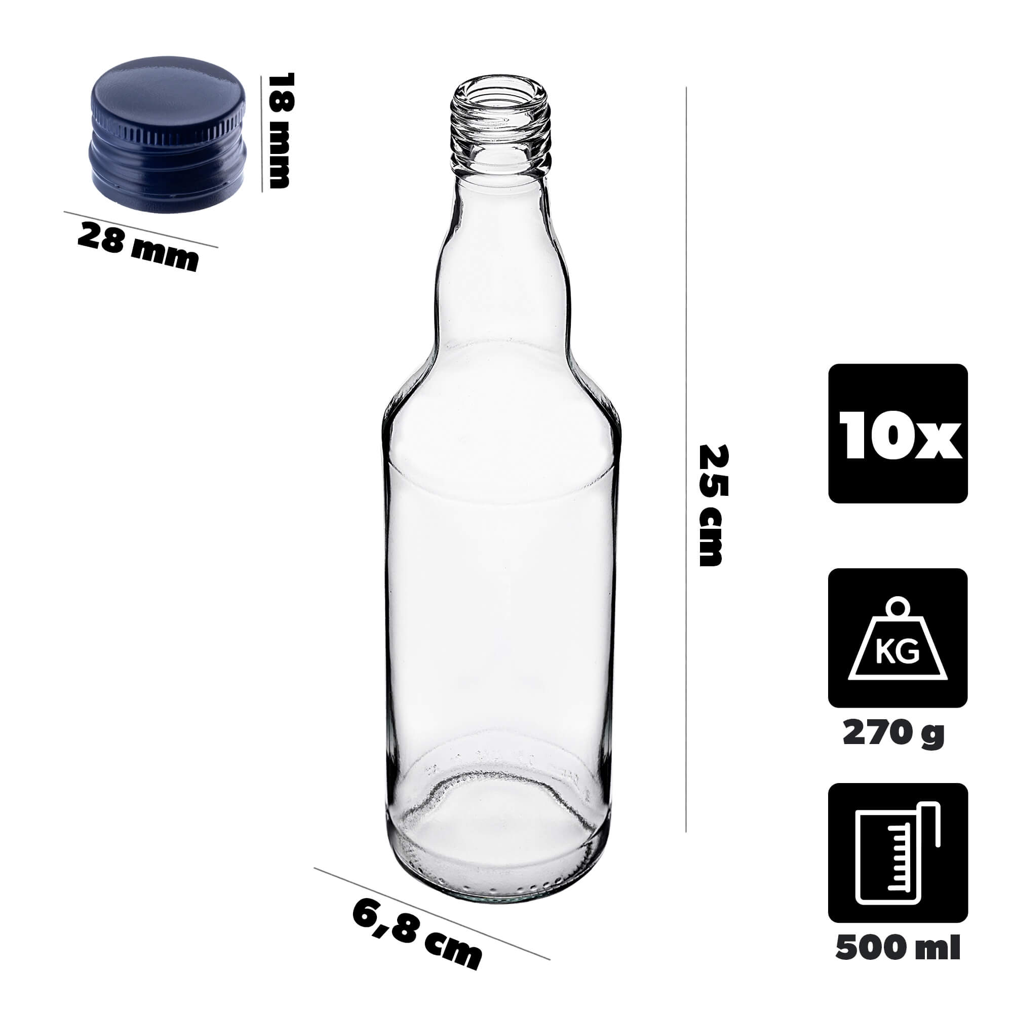 Szklana butelka Monopol 500ml z granatową zakrętką 10 szt.