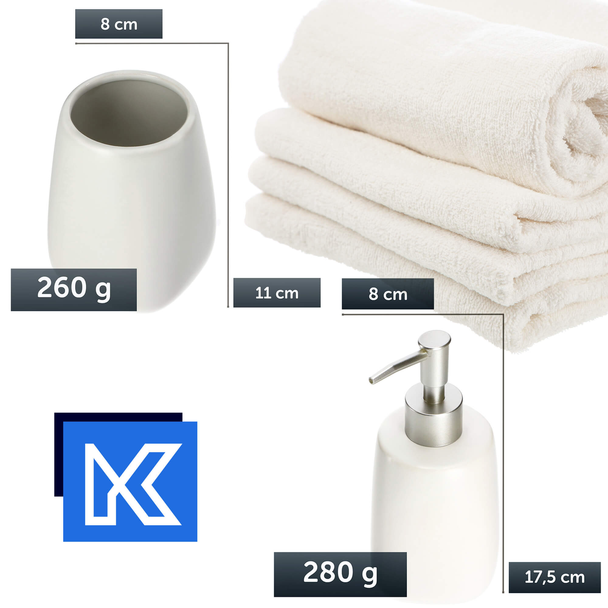 Zestaw dozownik na mydło + kubek łazienkowy, biały