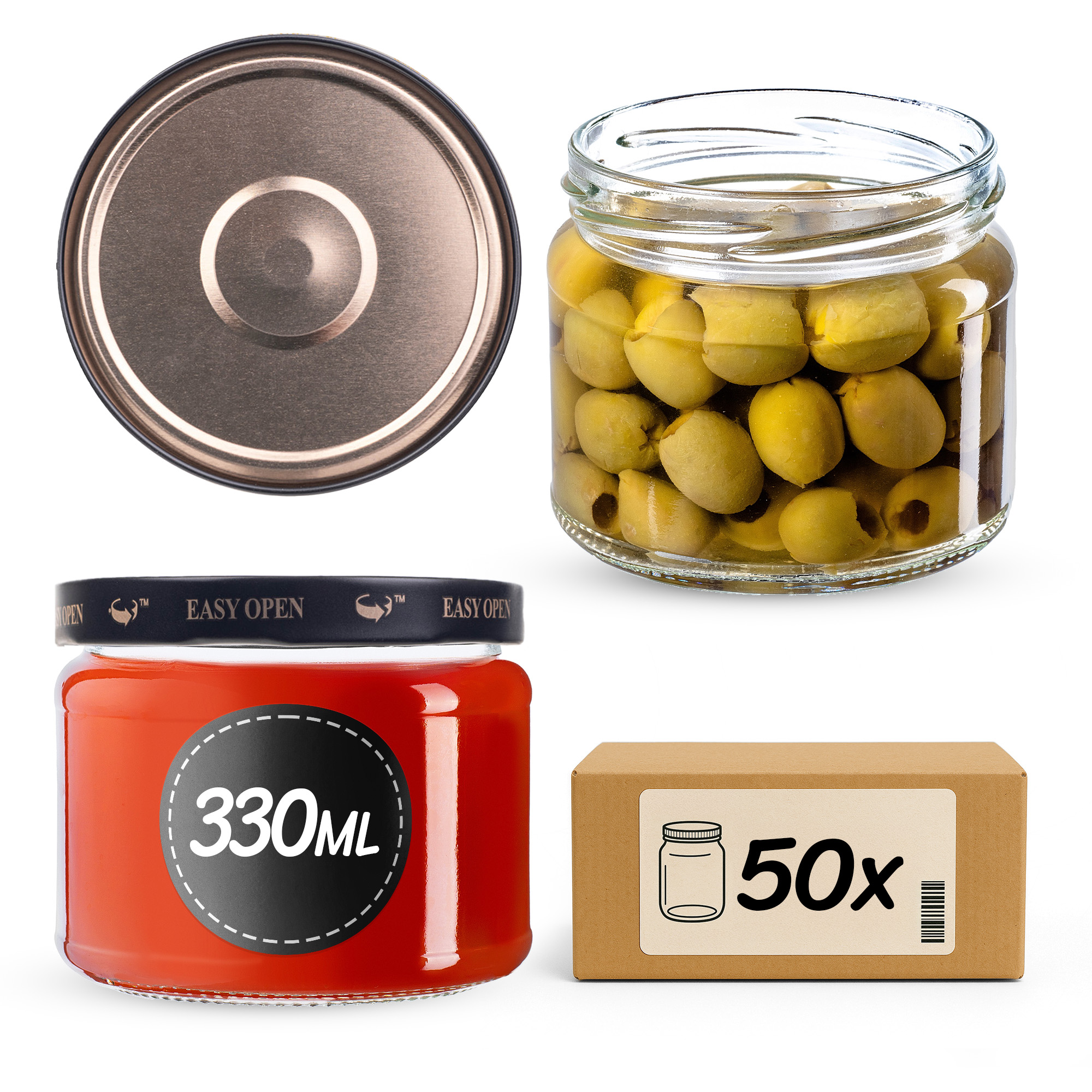 Słoiki na przetwory Sonka 330ml fi82mm 50szt + wieczko Czarno złote