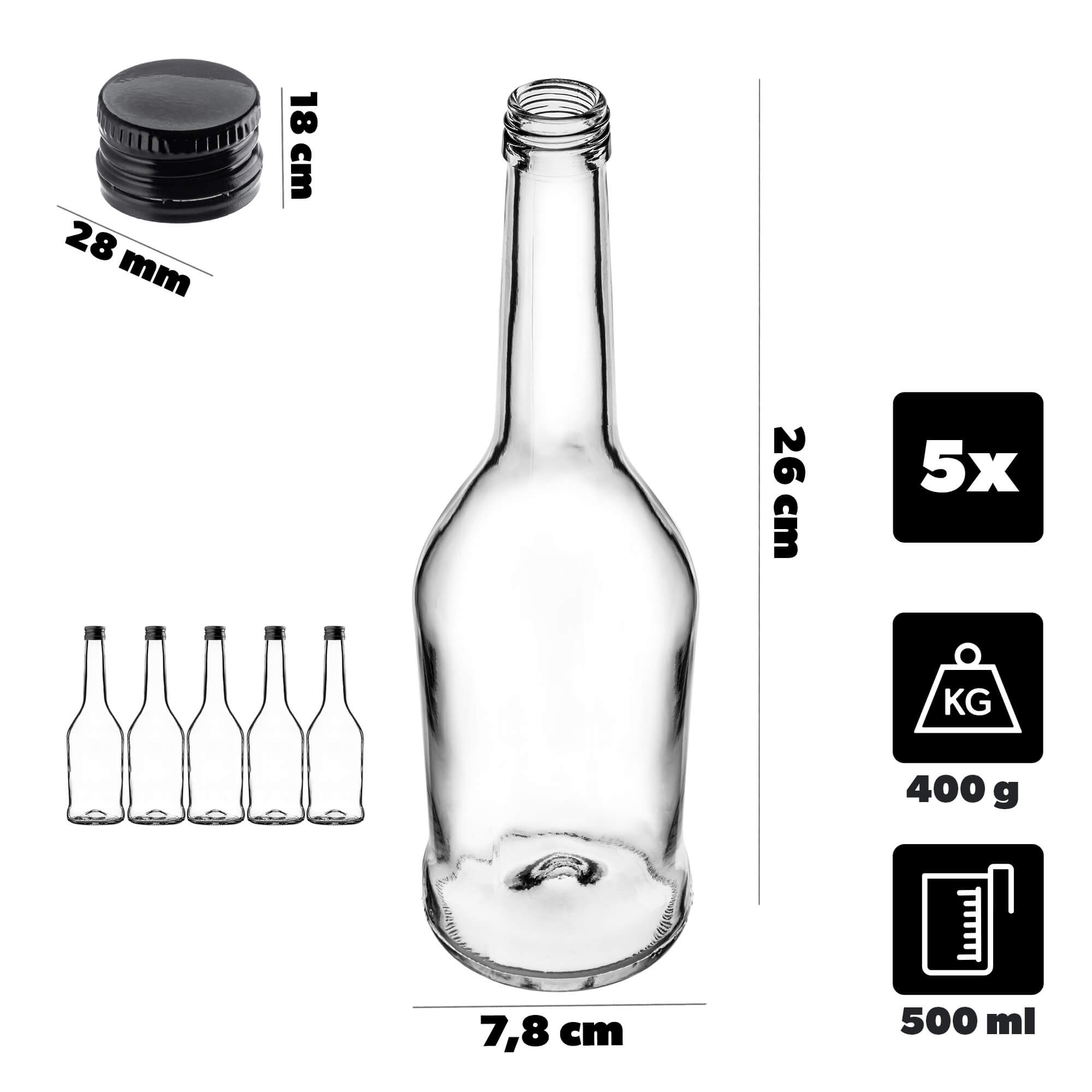 Szklana butelka na nalewkę Loiret 500ml z czarną zakrętką 5 szt.