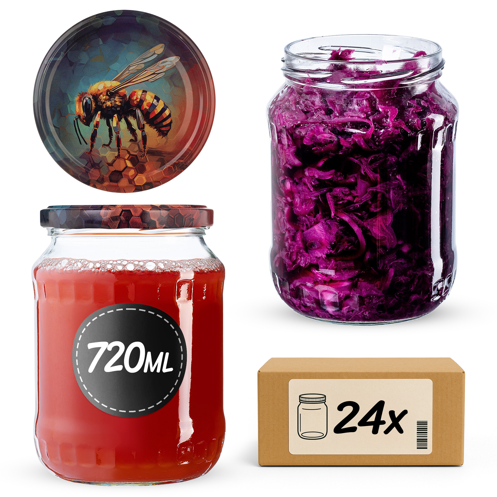 Słoiki na przetwory Jukka 720ml fi82mm 24szt + wieczko Pszczoła
