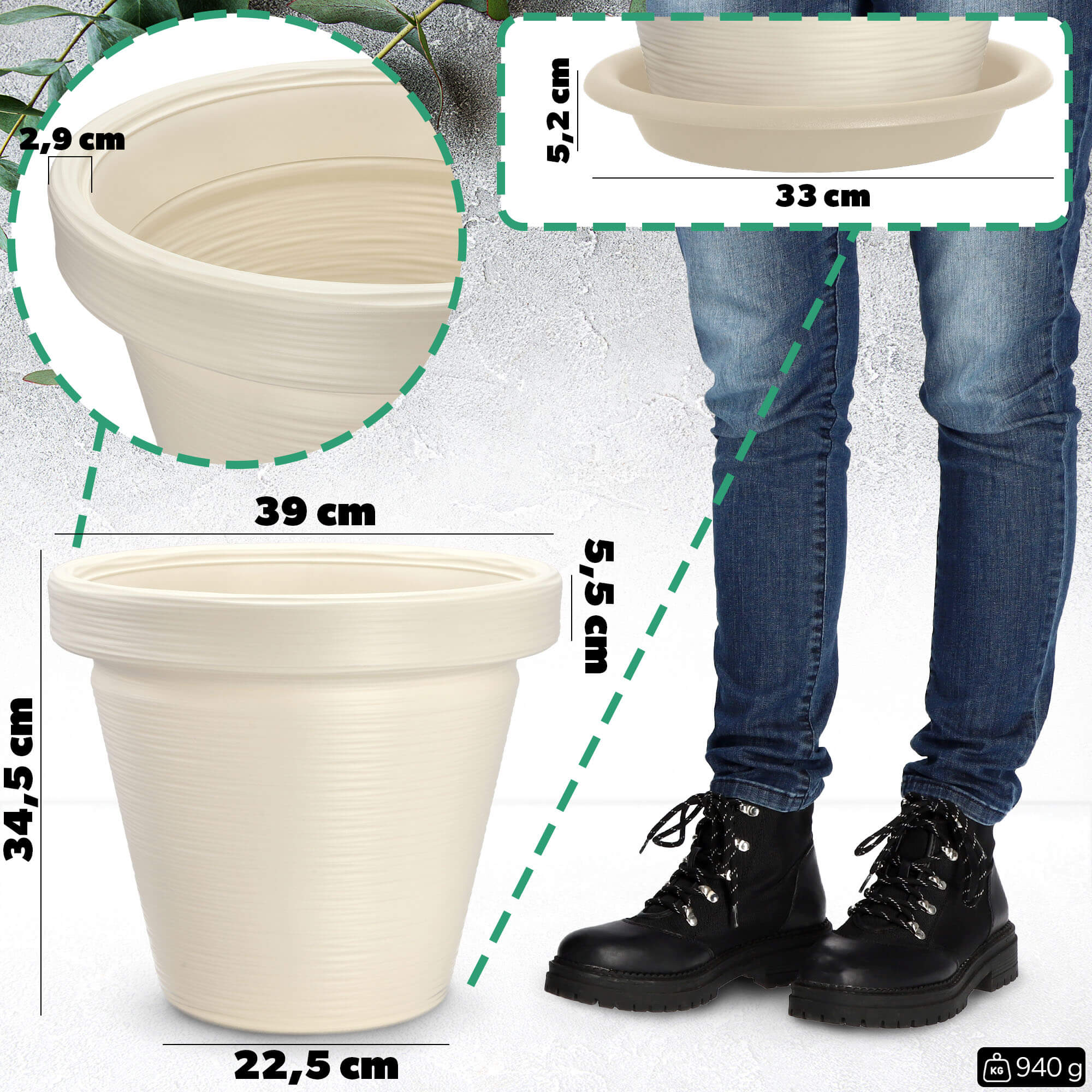 Donica z podstawką Cieza 39 cm, kremowa