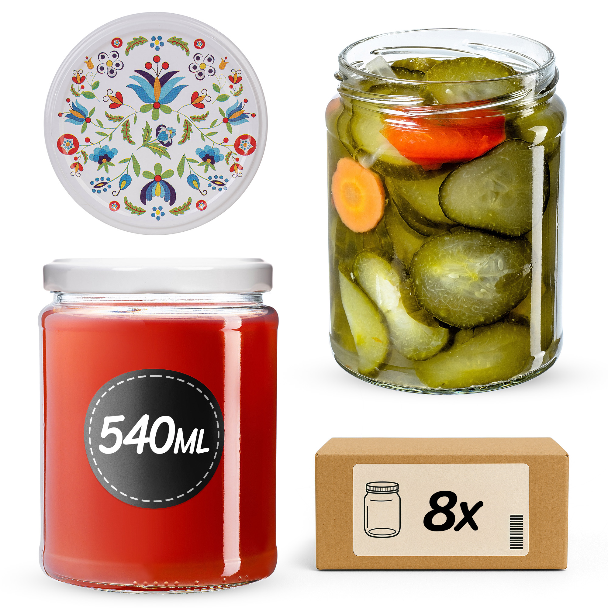 Słoiki na przetwory Maki 540ml fi82mm 8szt + wieczko Kaszuby