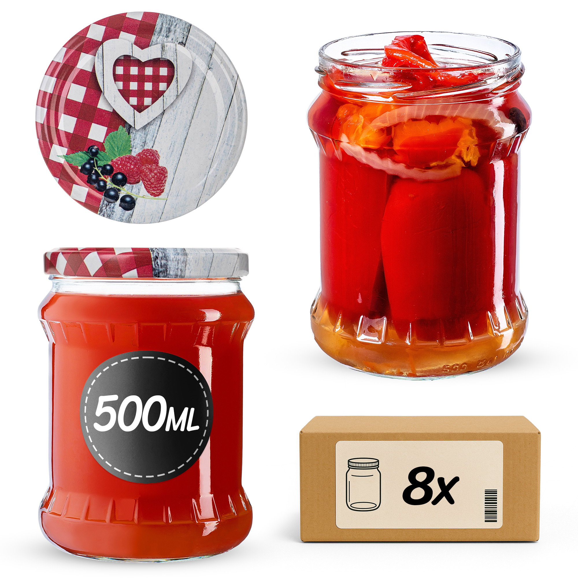 Słoiki na przetwory Kisko 500ml fi82mm 8szt + wieczko Krata z serduszkiem