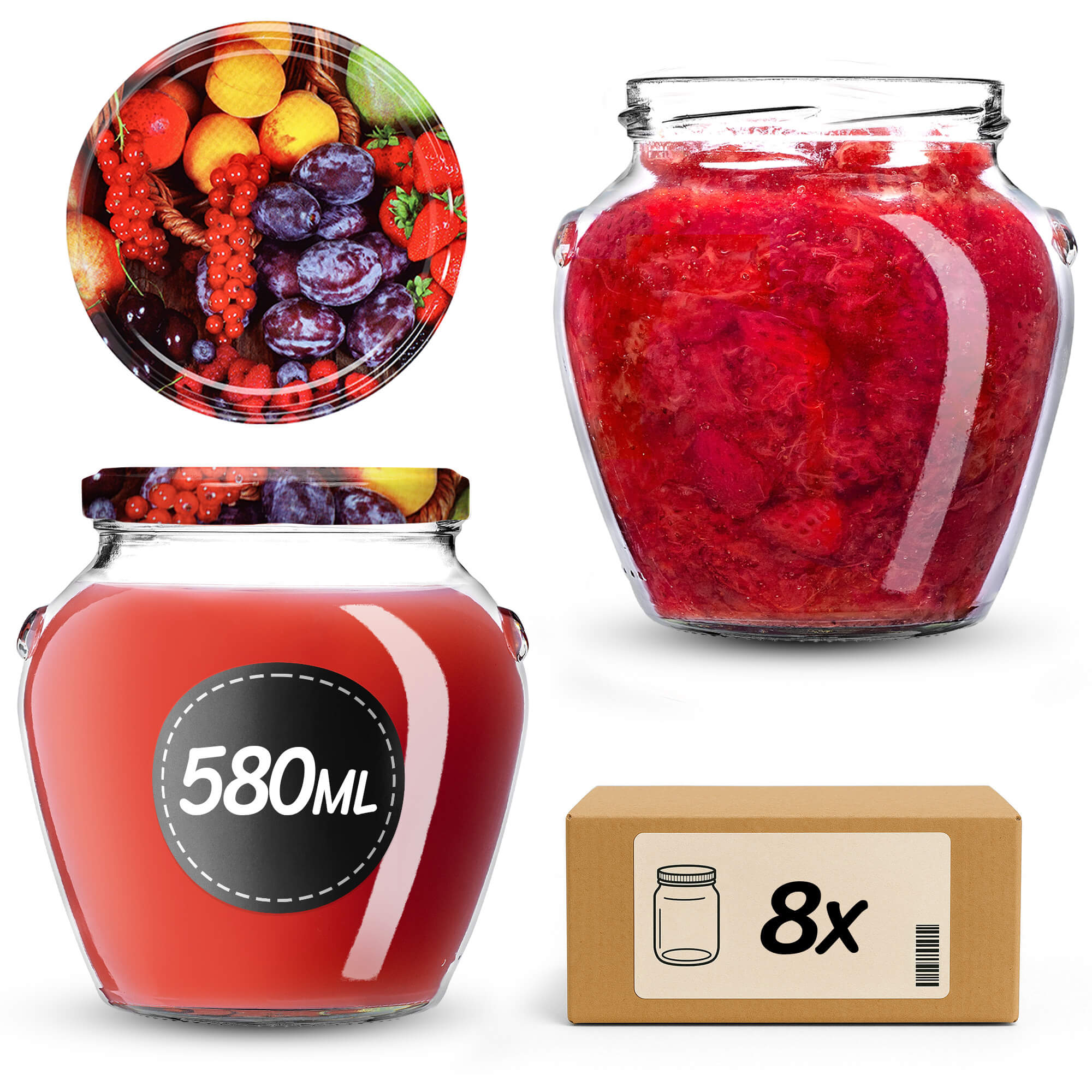 Słoiki na przetwory Sassa 580ml 8szt 82mm + wieczka "Mix owoców"