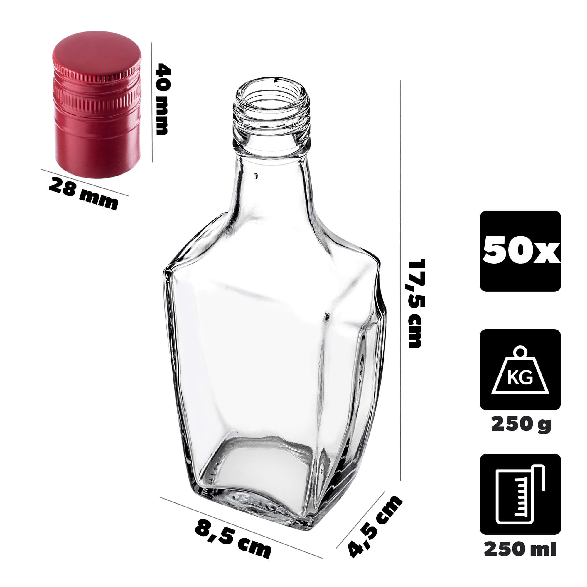 Szklana butelka na nalewkę Faenza 250ml z długą czerwoną zakrętką 50 szt.