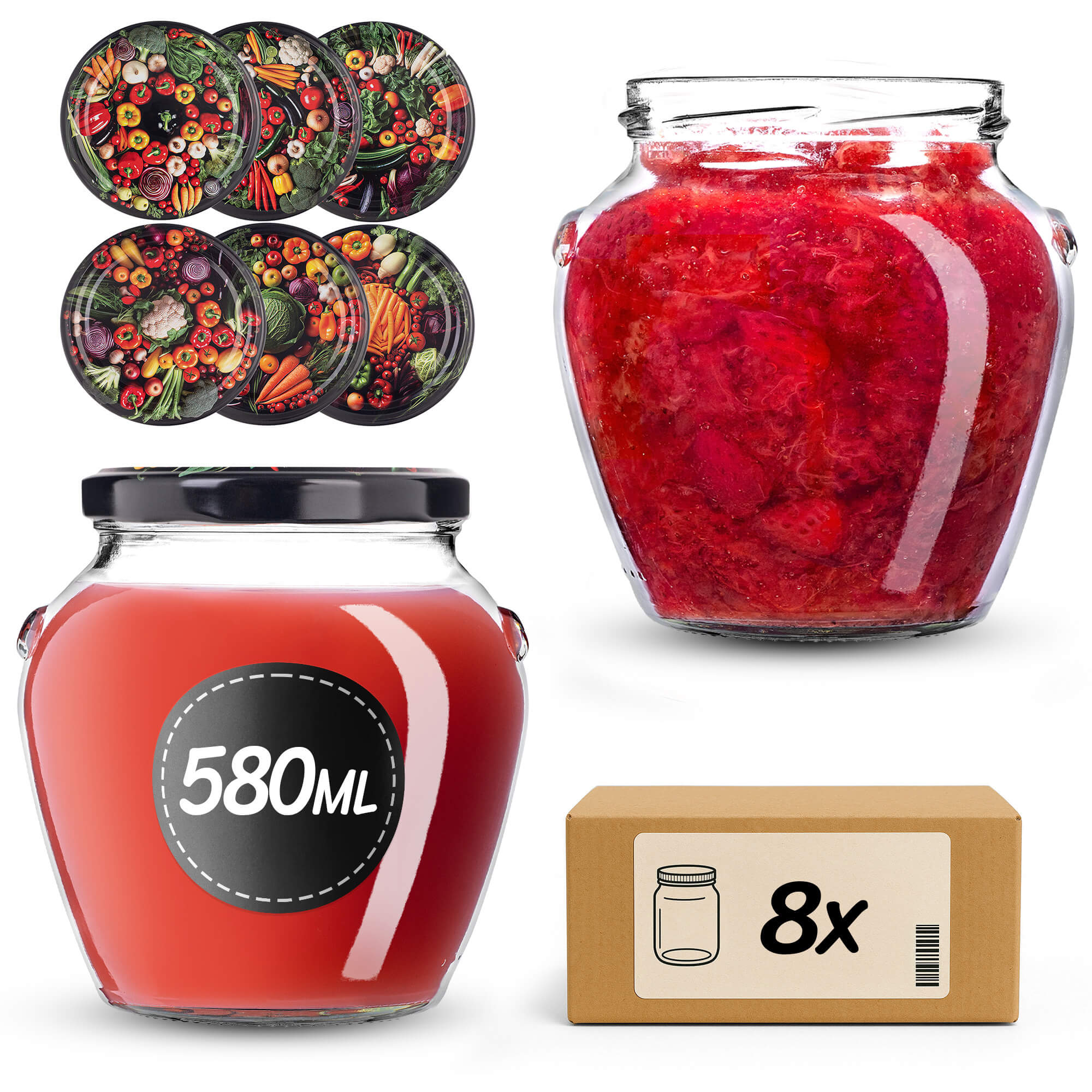 Słoiki na przetwory Sassa 580ml 8szt 82mm + wieczka "Warzywa w okręgu"