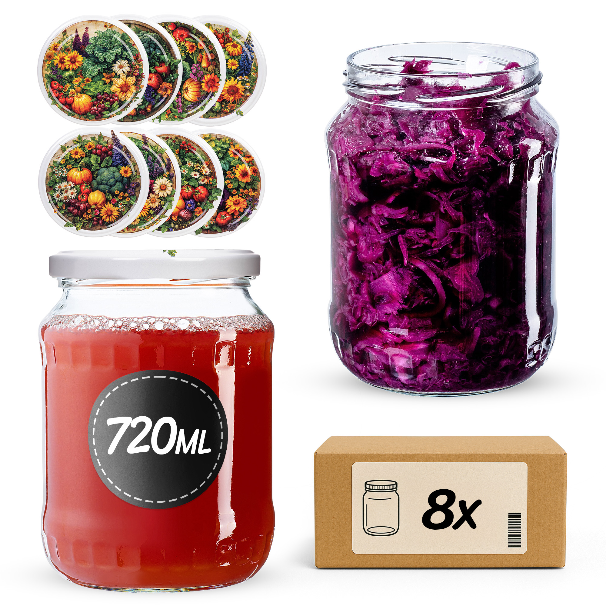 Słoiki na przetwory Jukka 720ml fi82mm 8szt + wieczko Warzywny mix