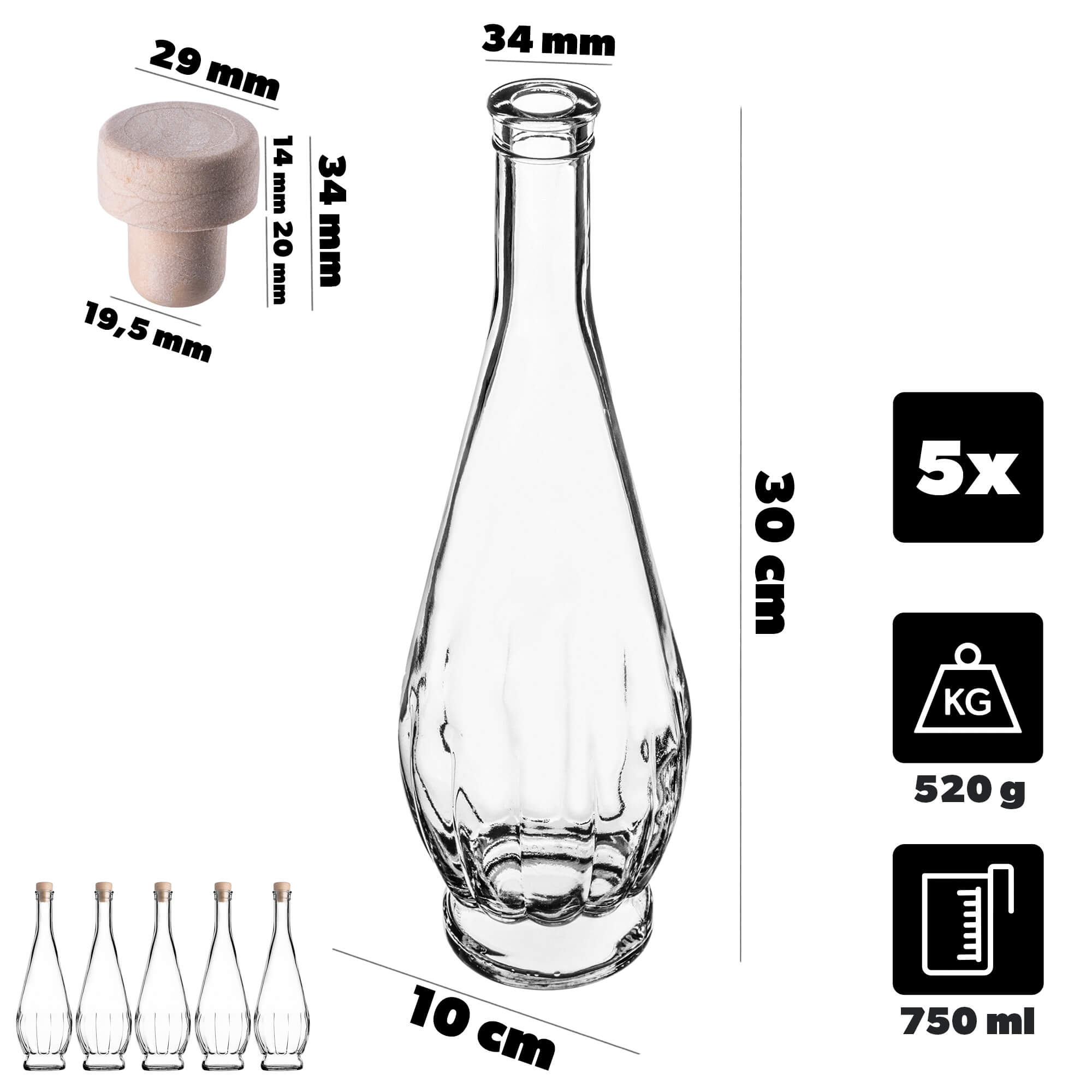 Szklana butelka na nalewkę Cona 750ml z korkiem syntetycznym 5 szt.