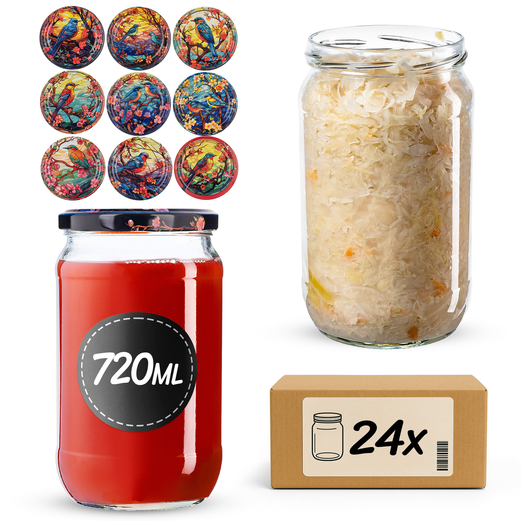 Słoiki na przetwory Niva 720ml fi82mm 24szt + wieczko Ptaki
