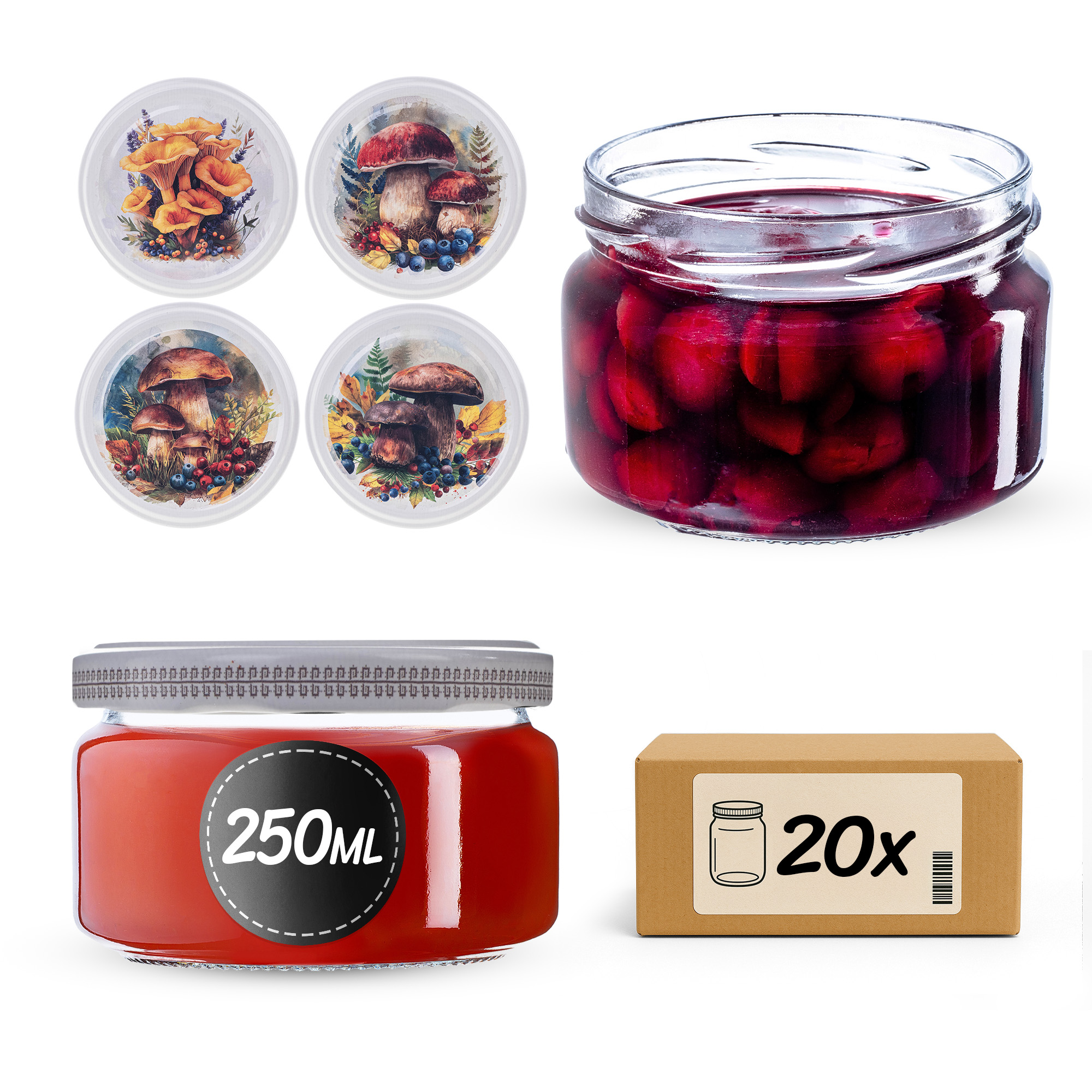Słoiki na przetwory Denia 250ml 20szt 82mm + wieczko "Grzyb akwarela"