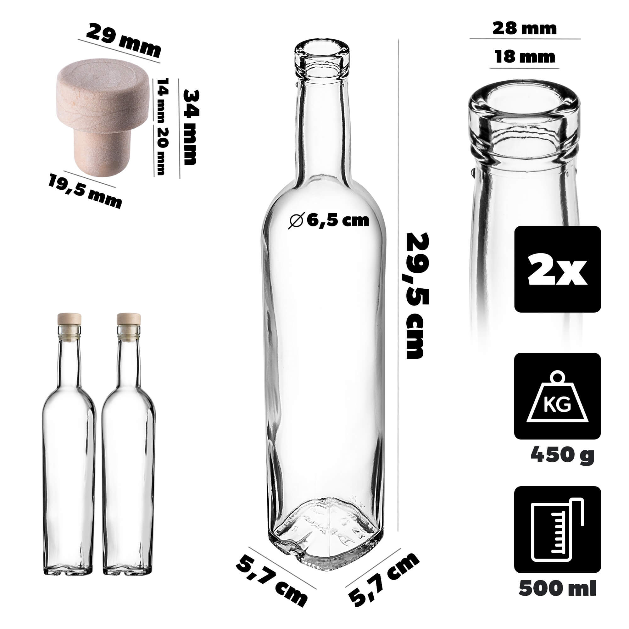 Butelka z korkiem Lataro 0,5L z korkiem fi19, 2 szt.