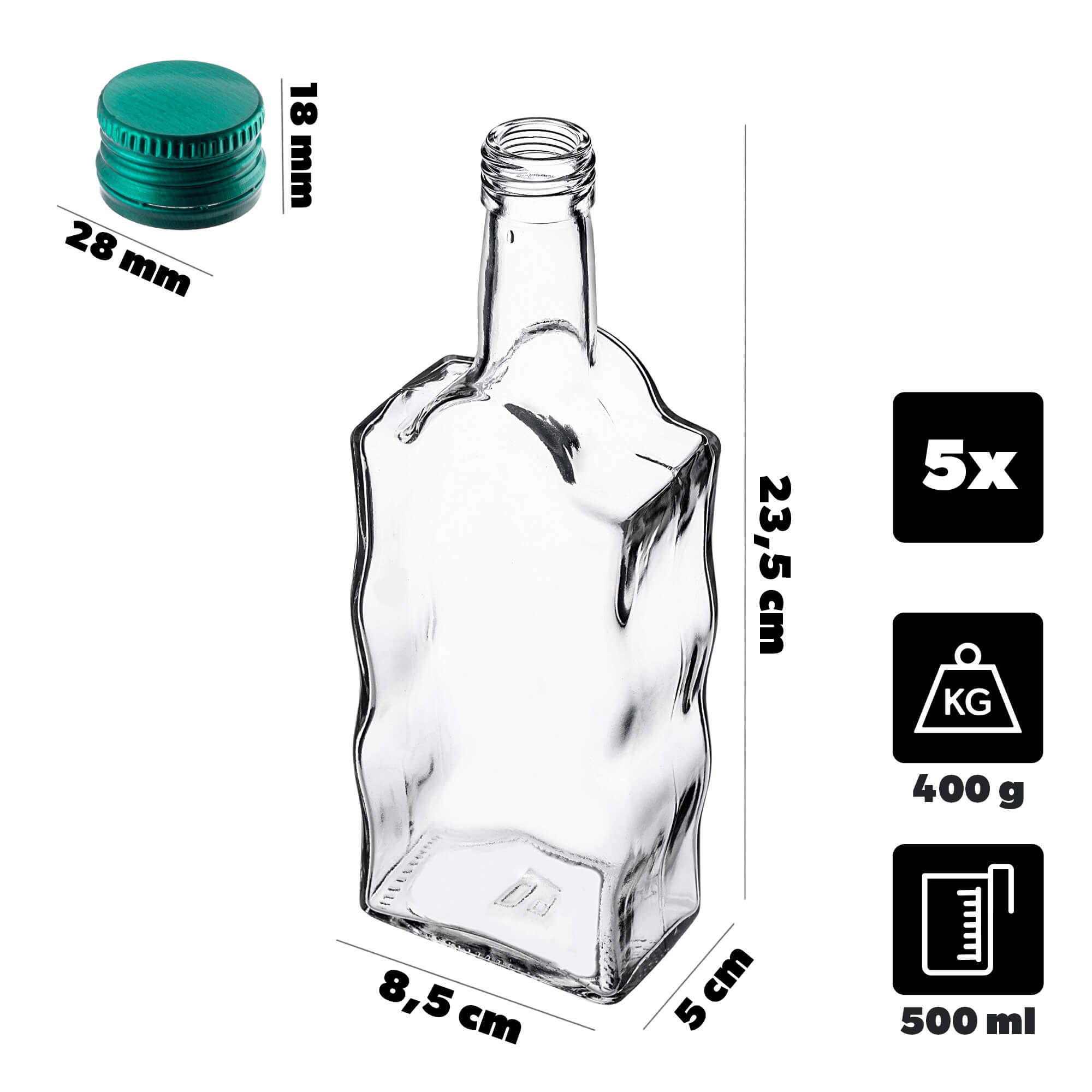 Szklana butelka na nalewkę Fala 500ml z zieloną zakrętką 5 szt.